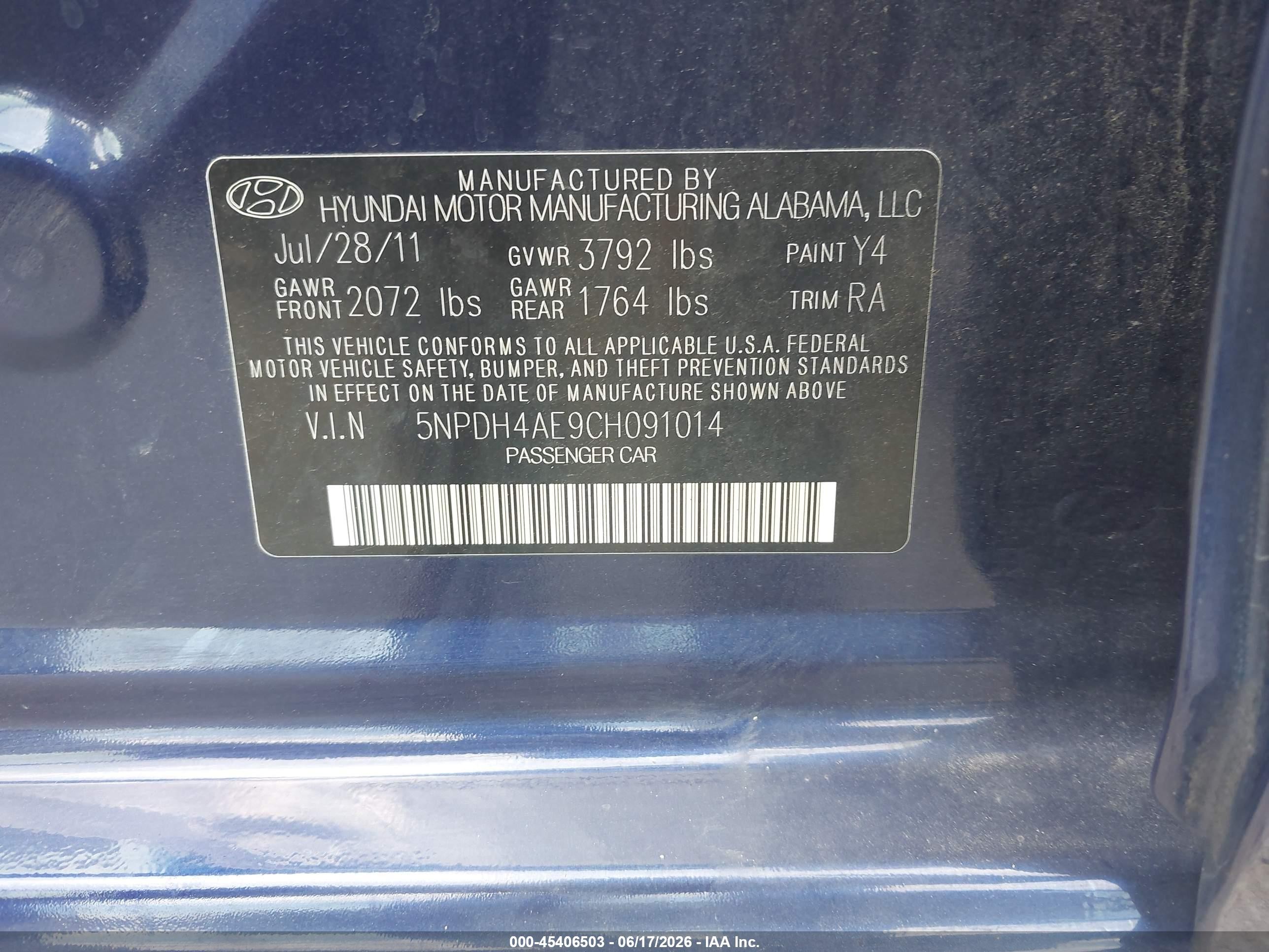 2012 Hyundai Elantra Limited Blue vin: 5NPDH4AE9CH091014