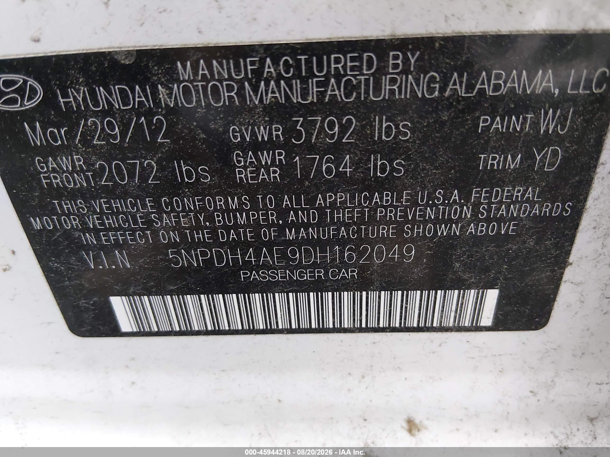 2013 Hyundai Elantra Gls White vin: 5NPDH4AE9DH162049