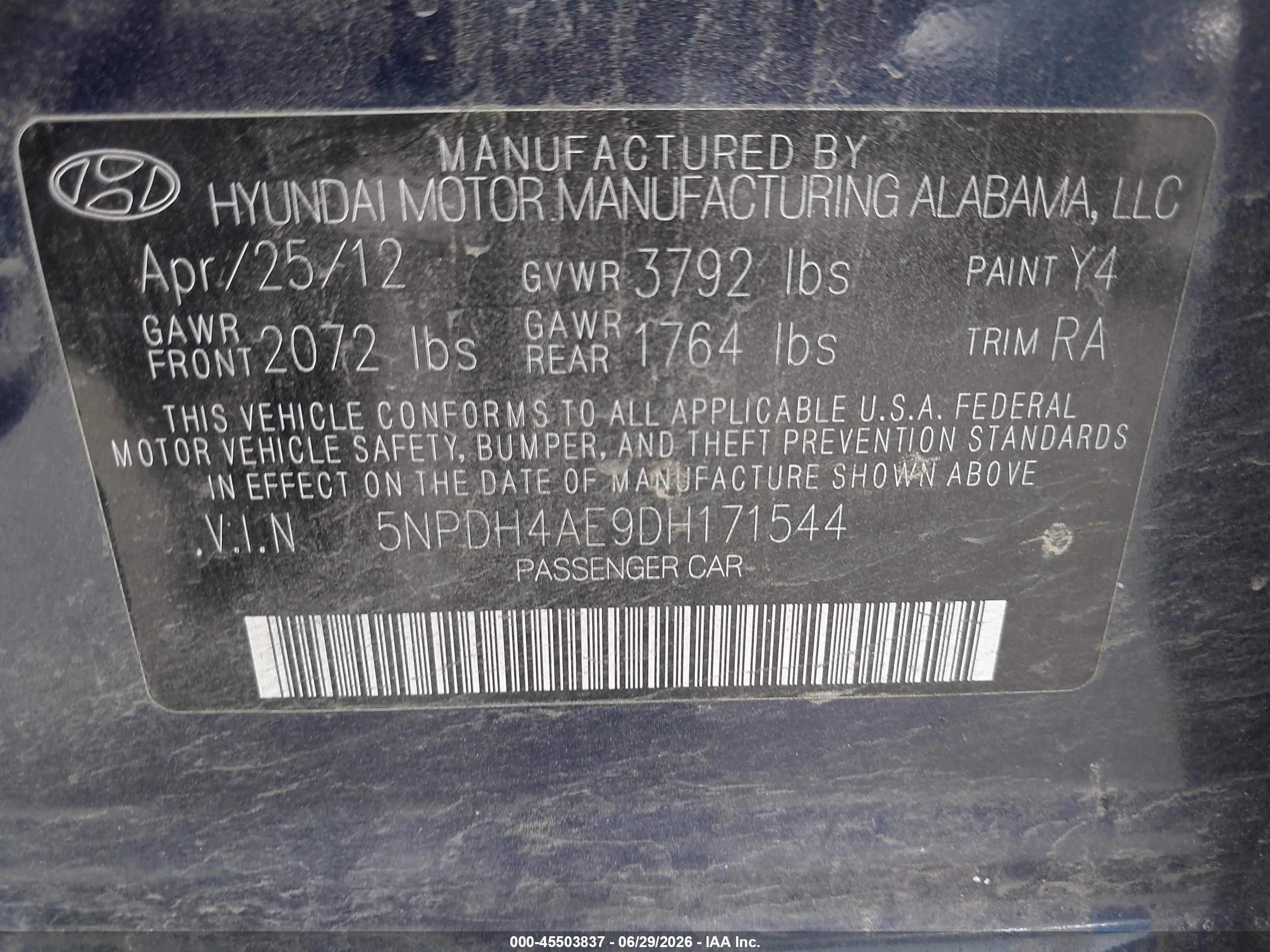 2013 Hyundai Elantra Limited Blue vin: 5NPDH4AE9DH171544