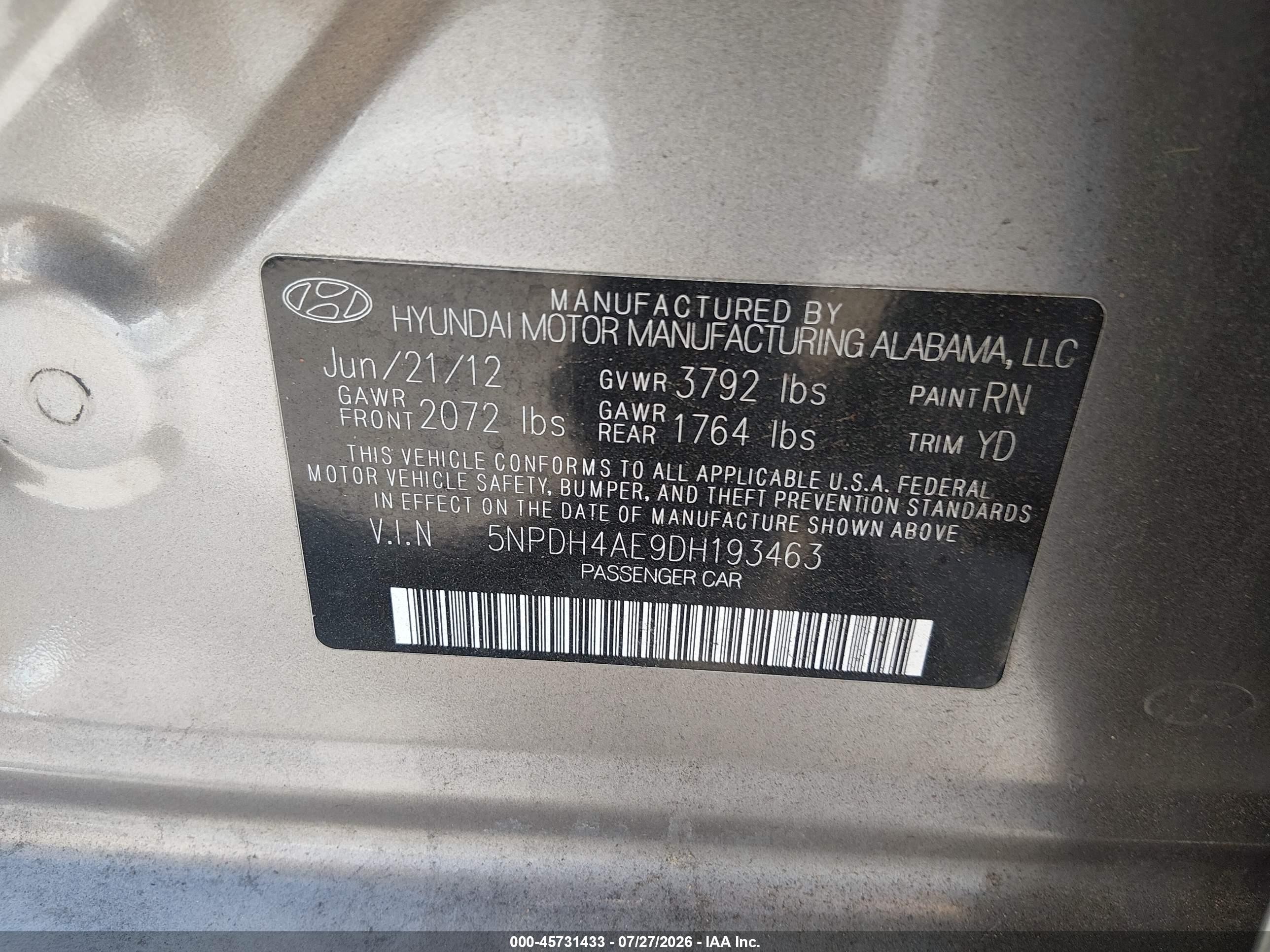 2013 Hyundai Elantra Gls Gold vin: 5NPDH4AE9DH193463