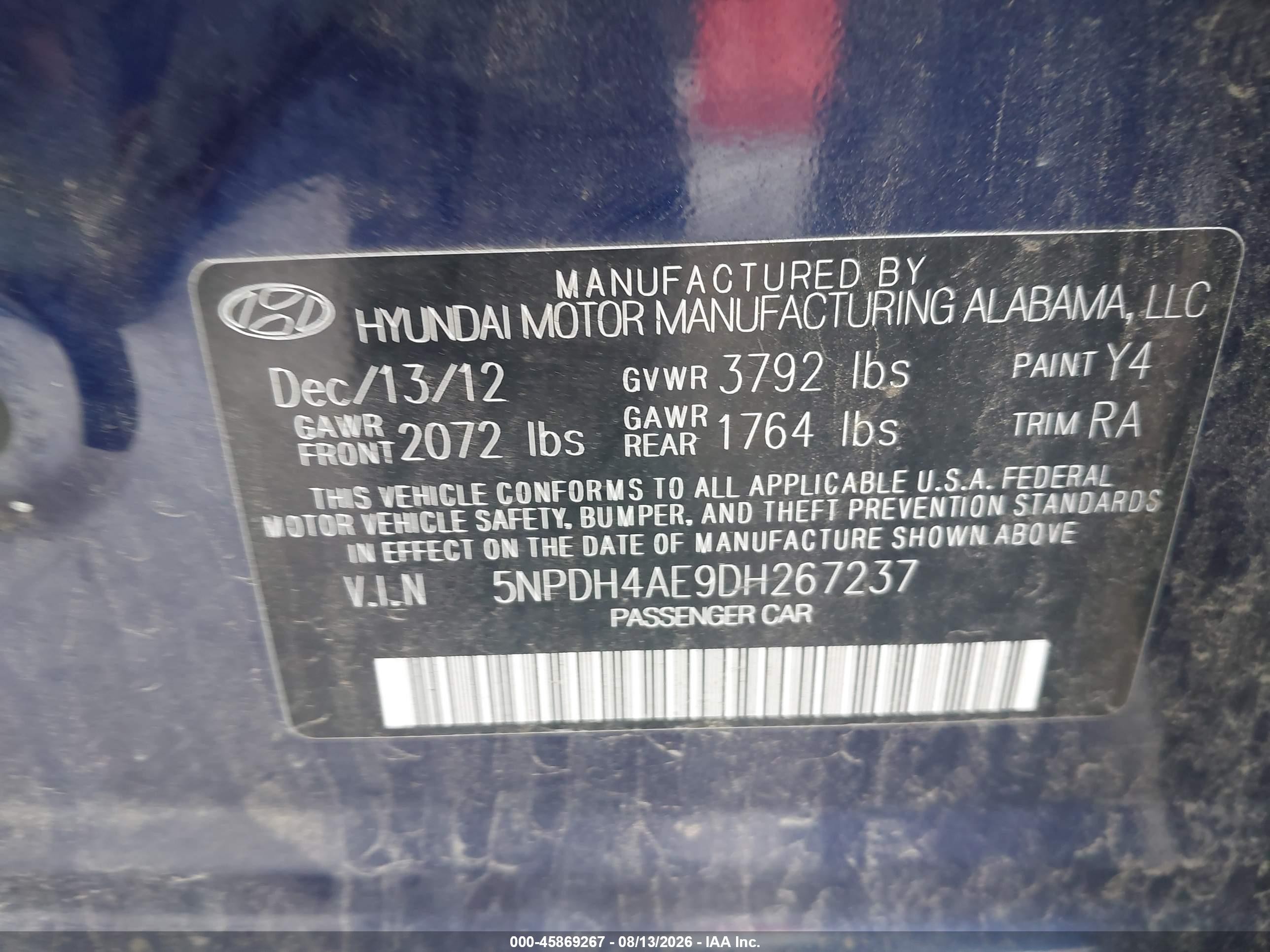 2013 Hyundai Elantra Gls Blue vin: 5NPDH4AE9DH267237