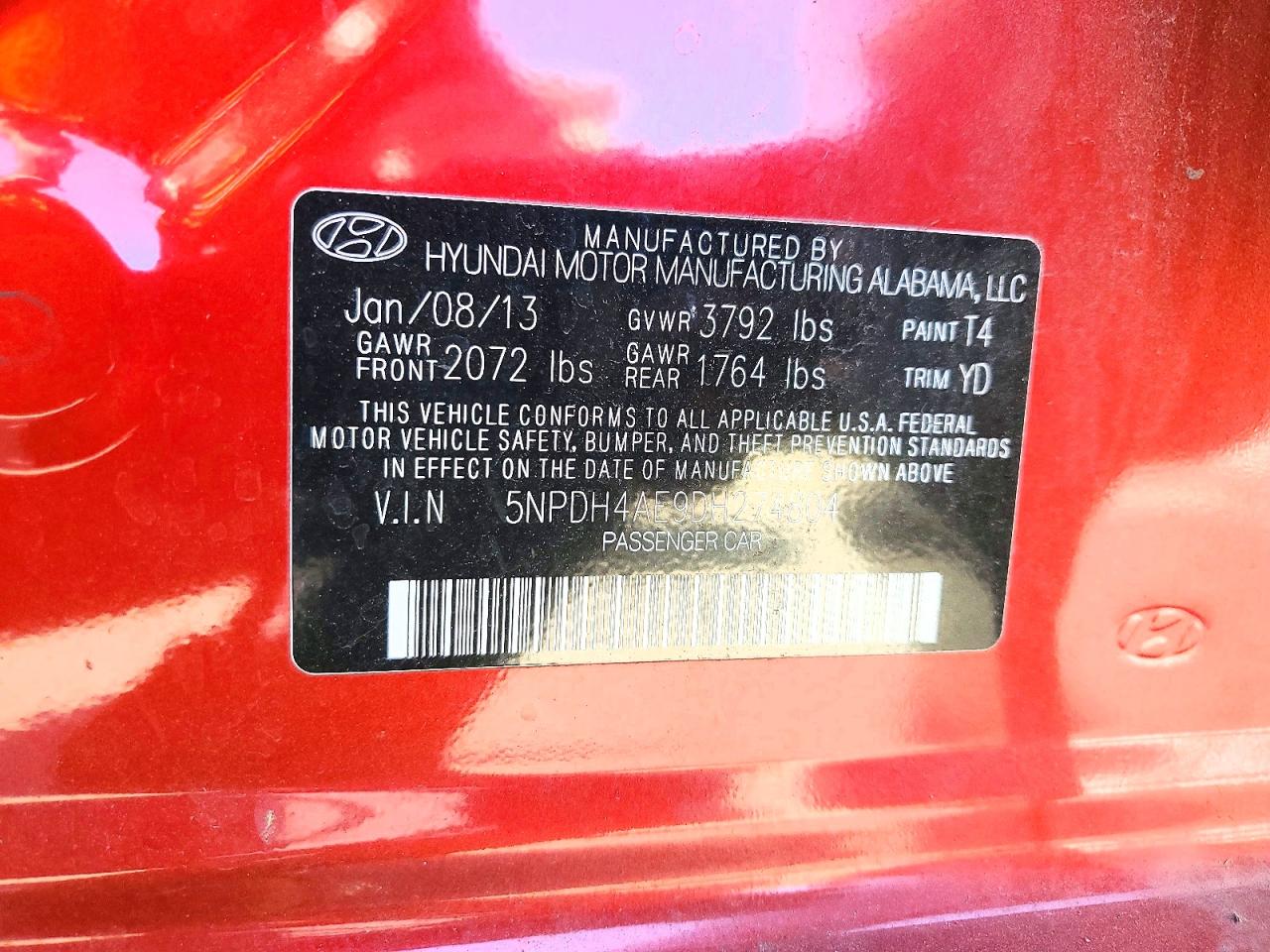 2013 Hyundai Elantra Gls Red vin: 5NPDH4AE9DH274804