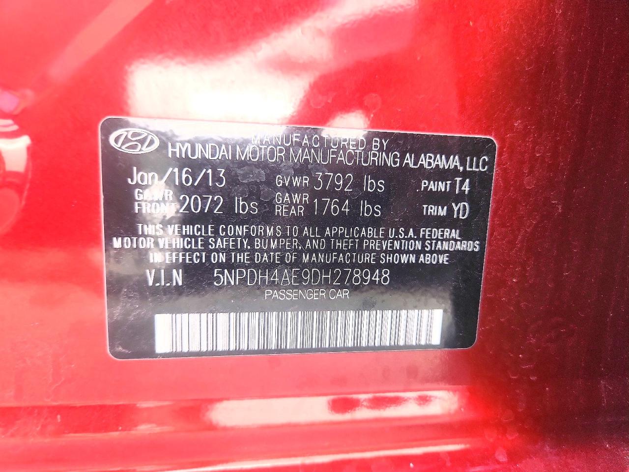 2013 Hyundai Elantra Gls Red vin: 5NPDH4AE9DH278948