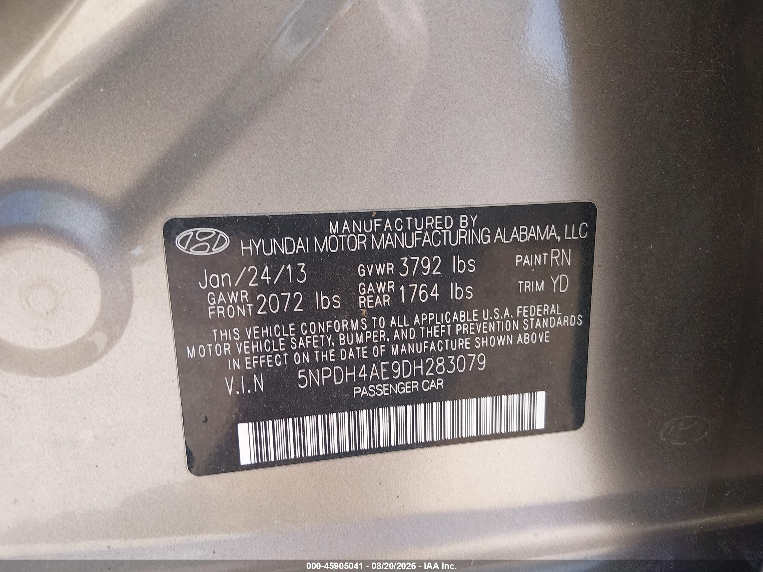 2013 Hyundai Elantra Gls Champagne vin: 5NPDH4AE9DH283079