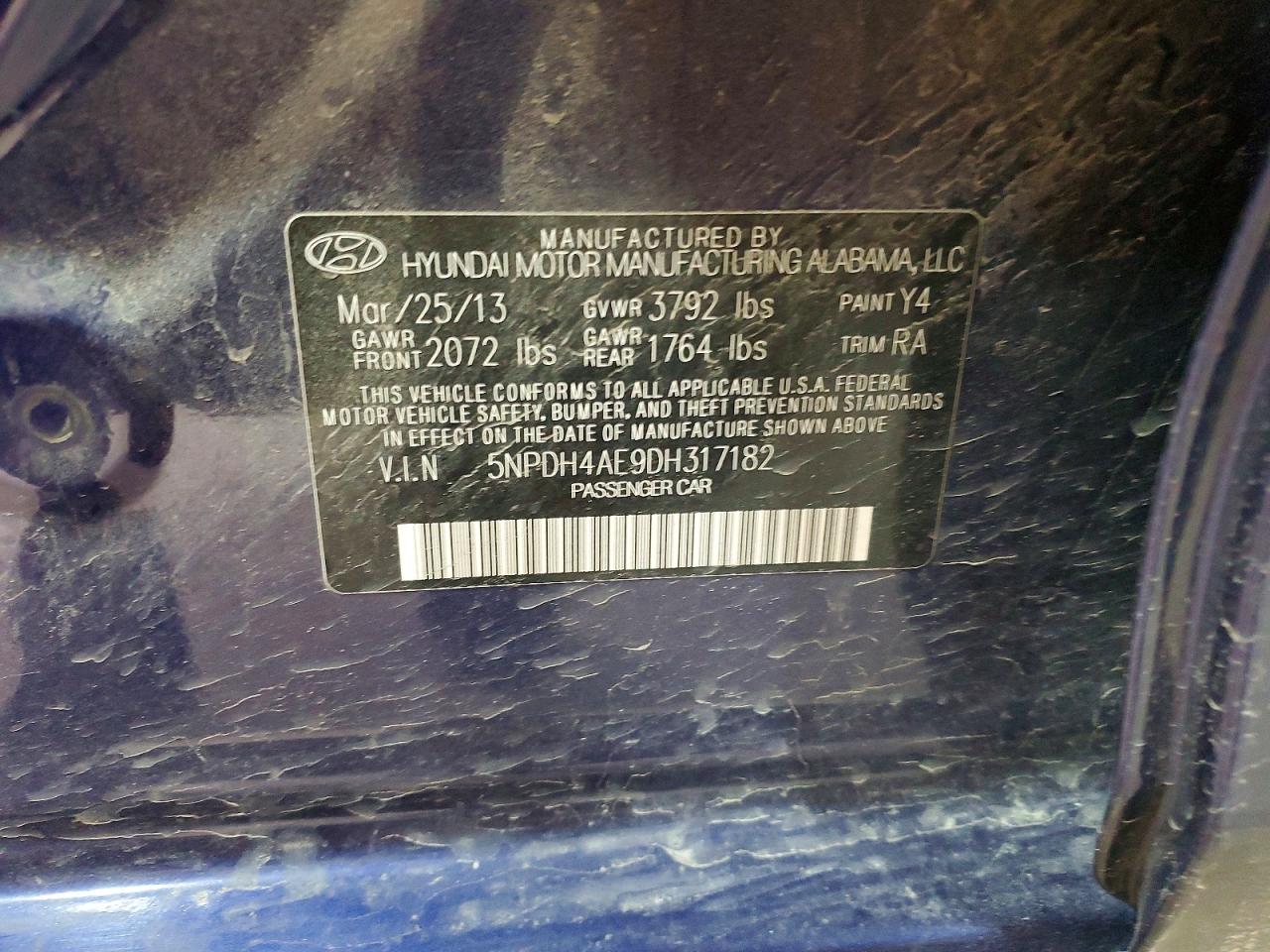 2013 Hyundai Elantra Limited Blue vin: 5NPDH4AE9DH317182