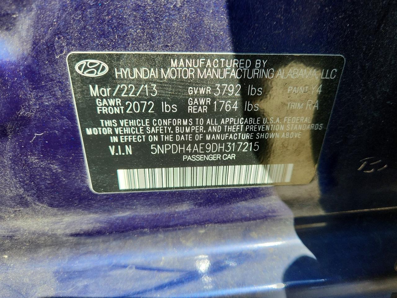 2013 Hyundai Elantra Limited Blue vin: 5NPDH4AE9DH317215