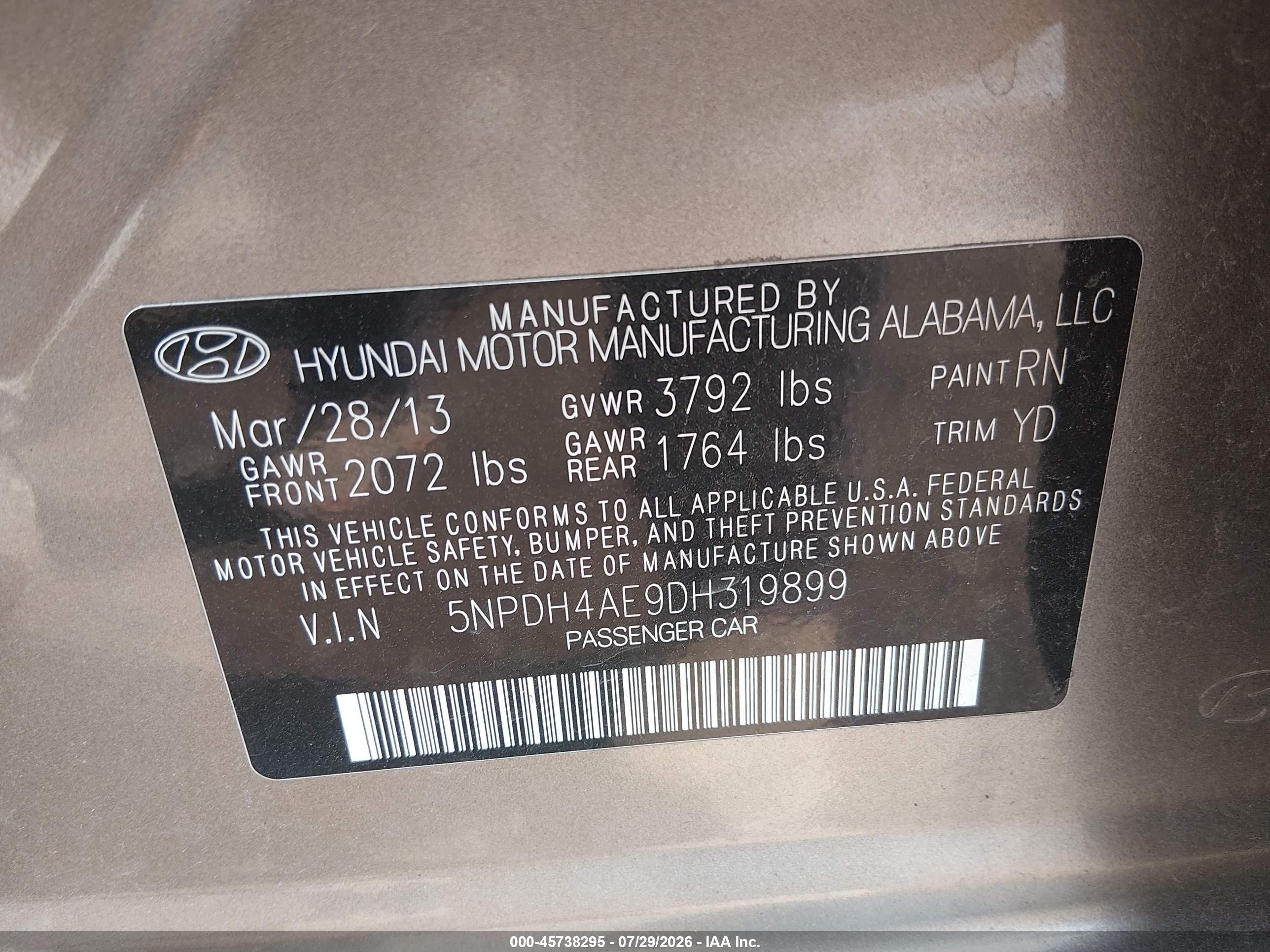 2013 Hyundai Elantra Gls Gold vin: 5NPDH4AE9DH319899
