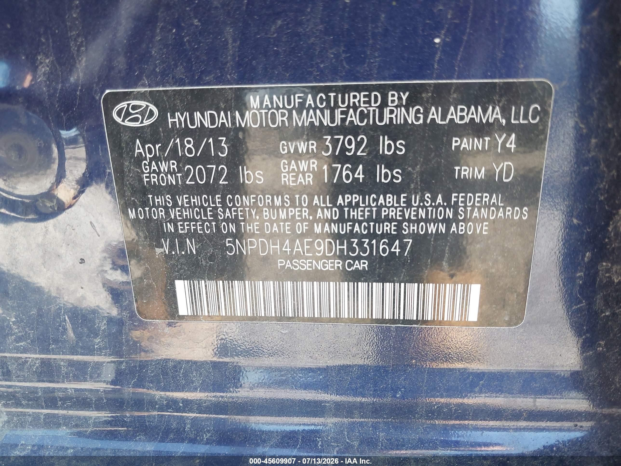 2013 Hyundai Elantra Gls Blue vin: 5NPDH4AE9DH331647