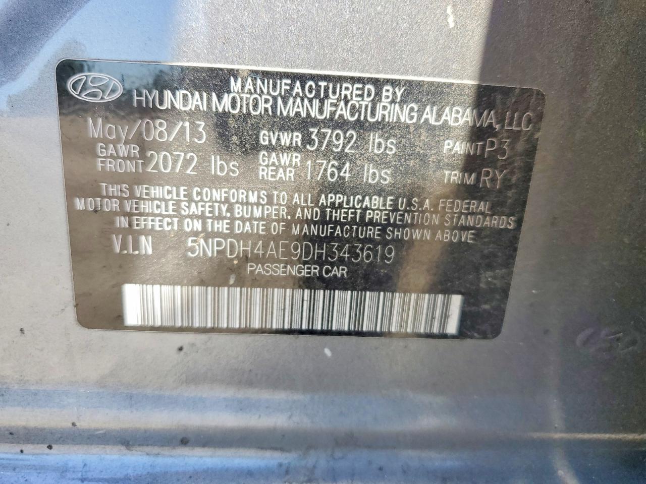 2013 Hyundai Elantra Limited Gray vin: 5NPDH4AE9DH343619