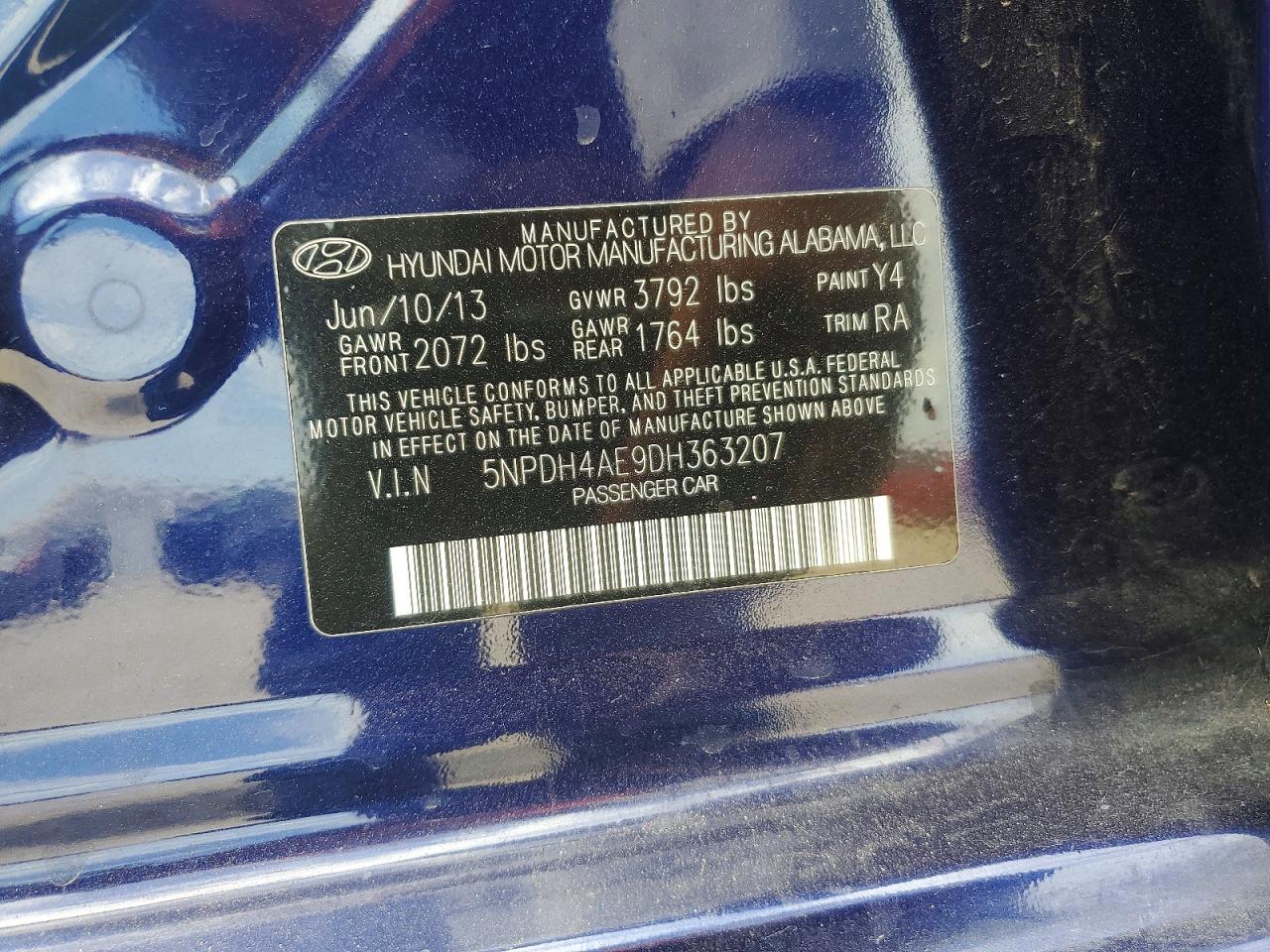 2013 Hyundai Elantra Limited Blue vin: 5NPDH4AE9DH363207