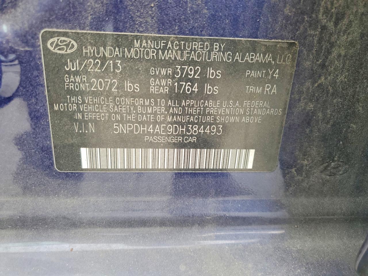 2013 Hyundai Elantra Limited Blue vin: 5NPDH4AE9DH384493