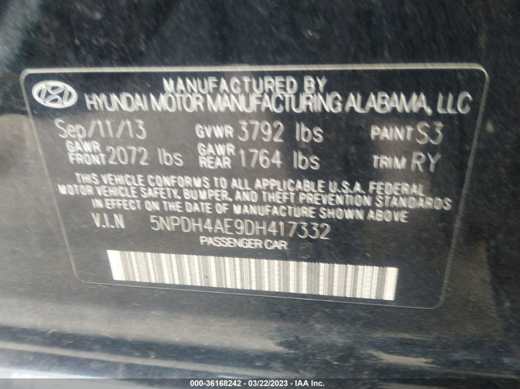 2013 Hyundai Elantra Limited Pzev Black vin: 5NPDH4AE9DH417332