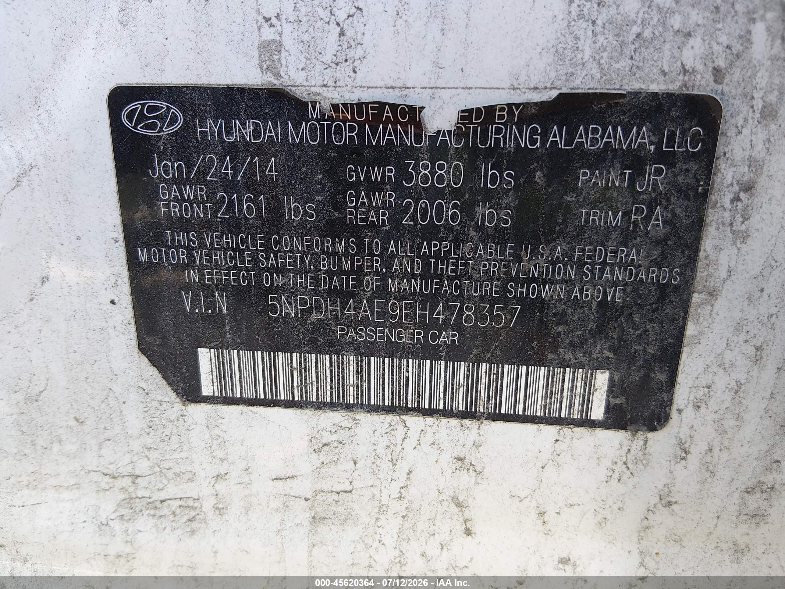 2014 Hyundai Elantra Se White vin: 5NPDH4AE9EH478357