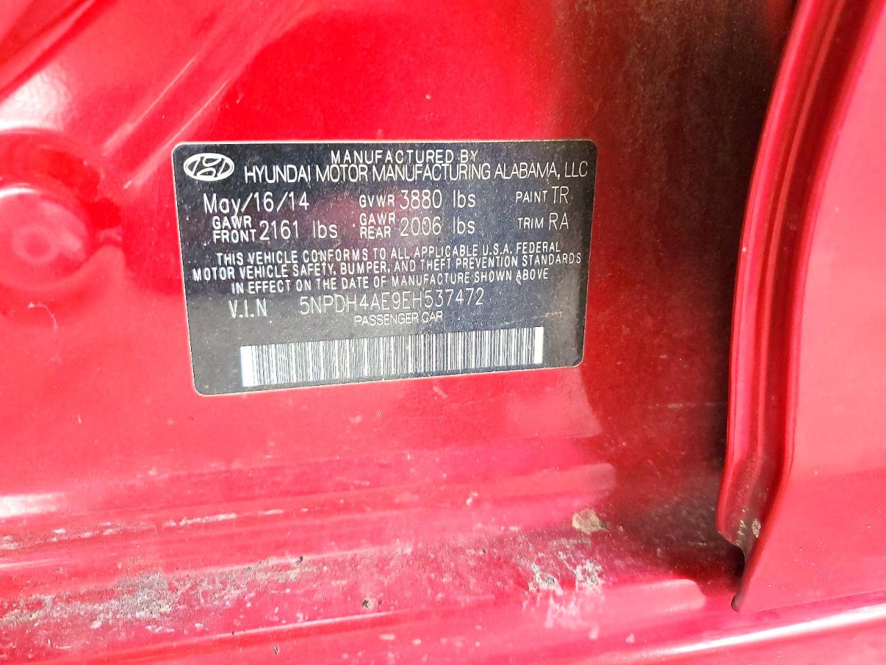 2014 Hyundai Elantra Se Red vin: 5NPDH4AE9EH537472