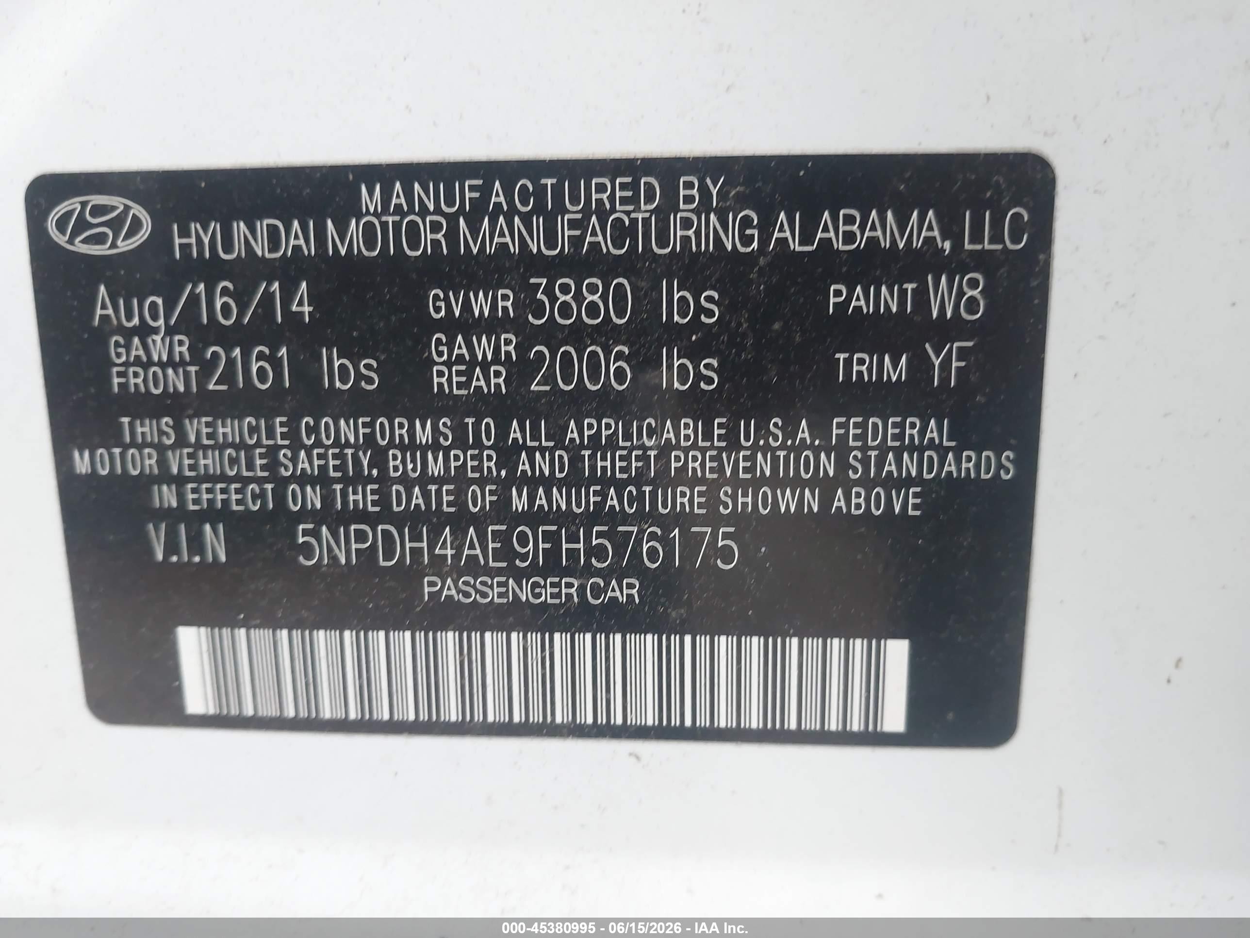 2015 Hyundai Elantra Se White vin: 5NPDH4AE9FH576175