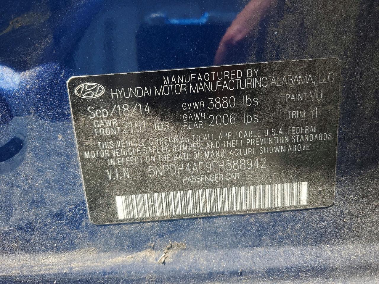 2015 Hyundai Elantra Se Blue vin: 5NPDH4AE9FH588942