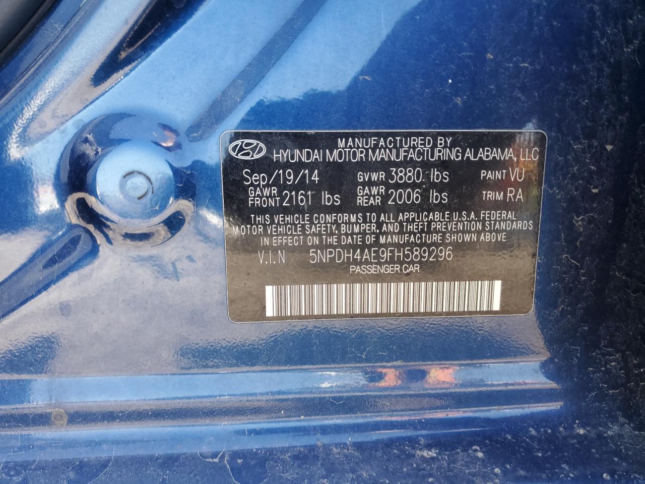 2015 Hyundai Elantra Se Blue vin: 5NPDH4AE9FH589296