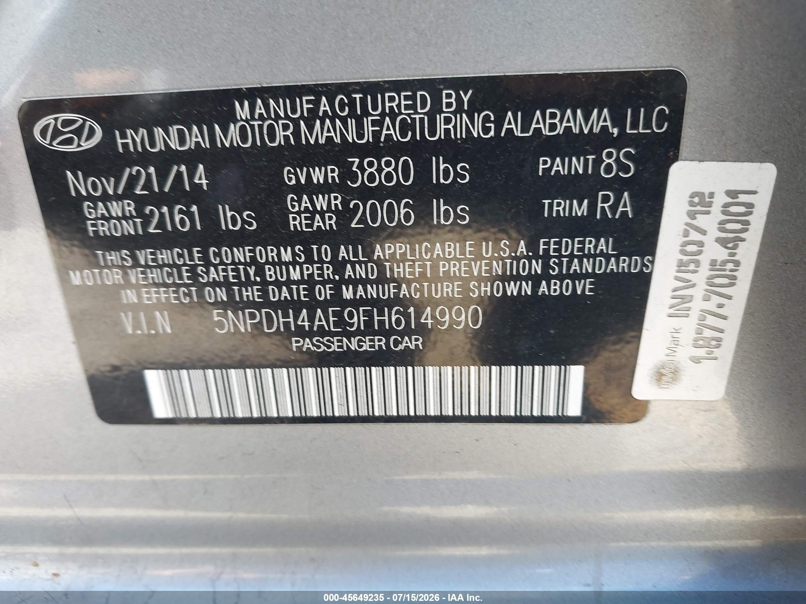 2015 Hyundai Elantra Se Silver vin: 5NPDH4AE9FH614990