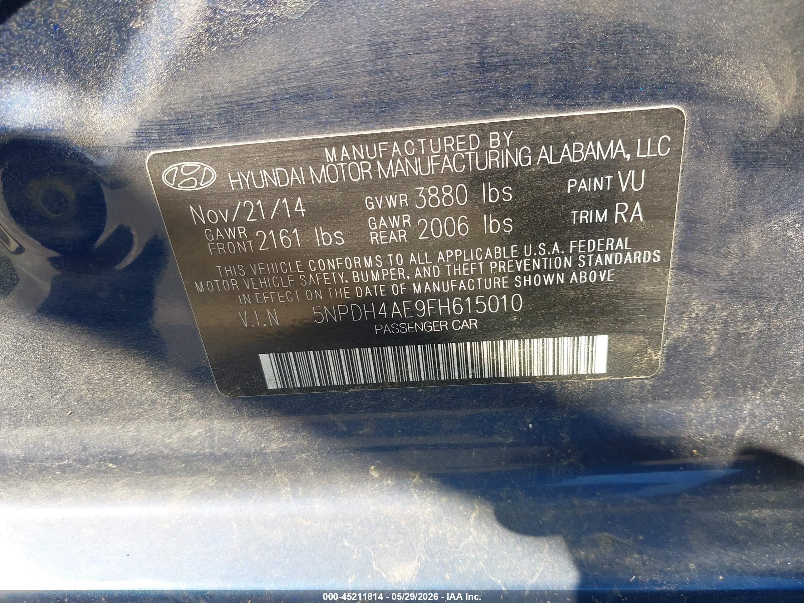 2015 Hyundai Elantra Se Blue vin: 5NPDH4AE9FH615010