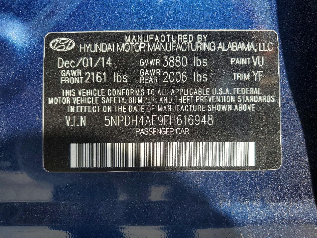2015 Hyundai Elantra Se Blue vin: 5NPDH4AE9FH616948