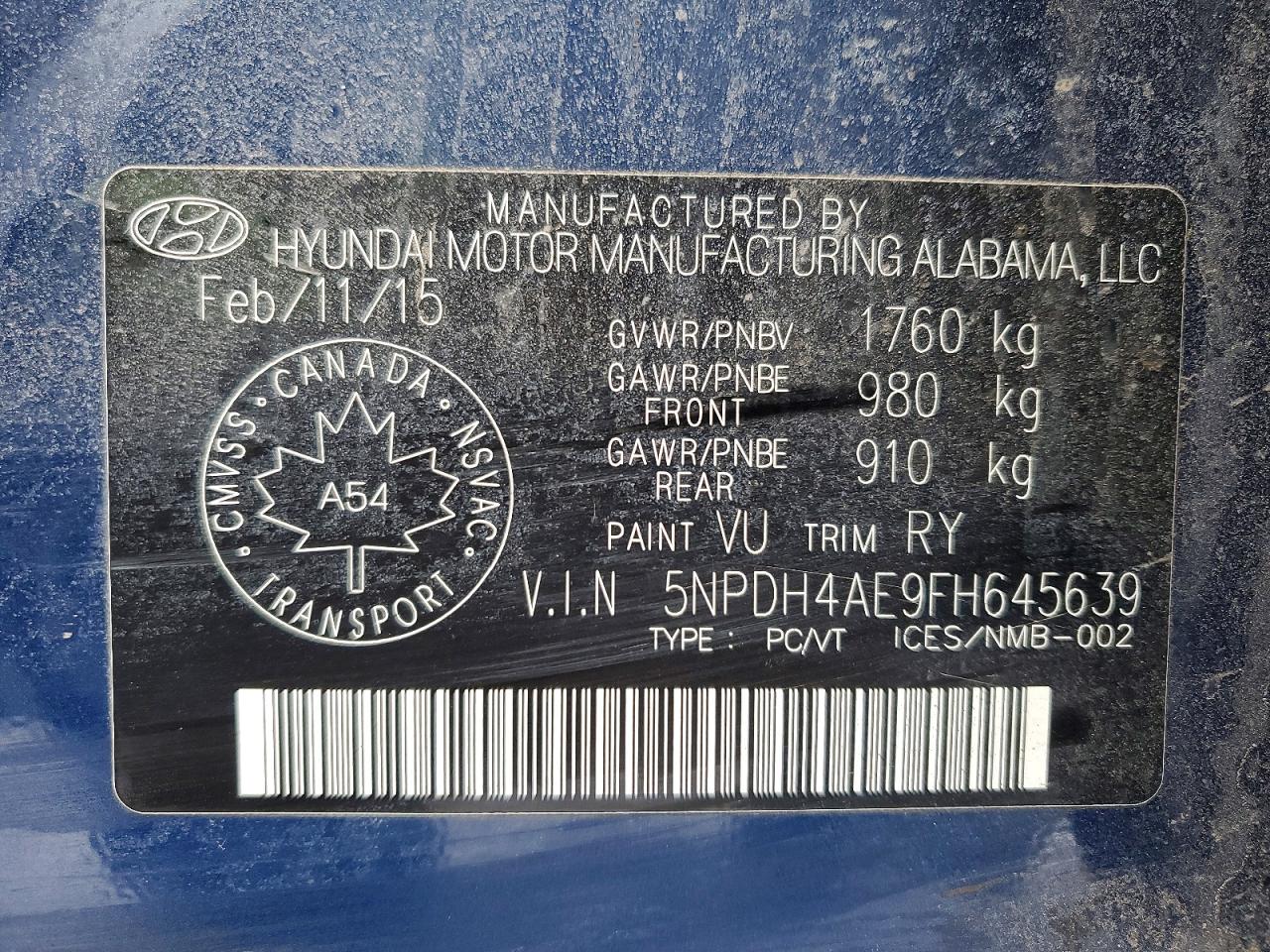 2015 Hyundai Elantra Se Blue vin: 5NPDH4AE9FH645639