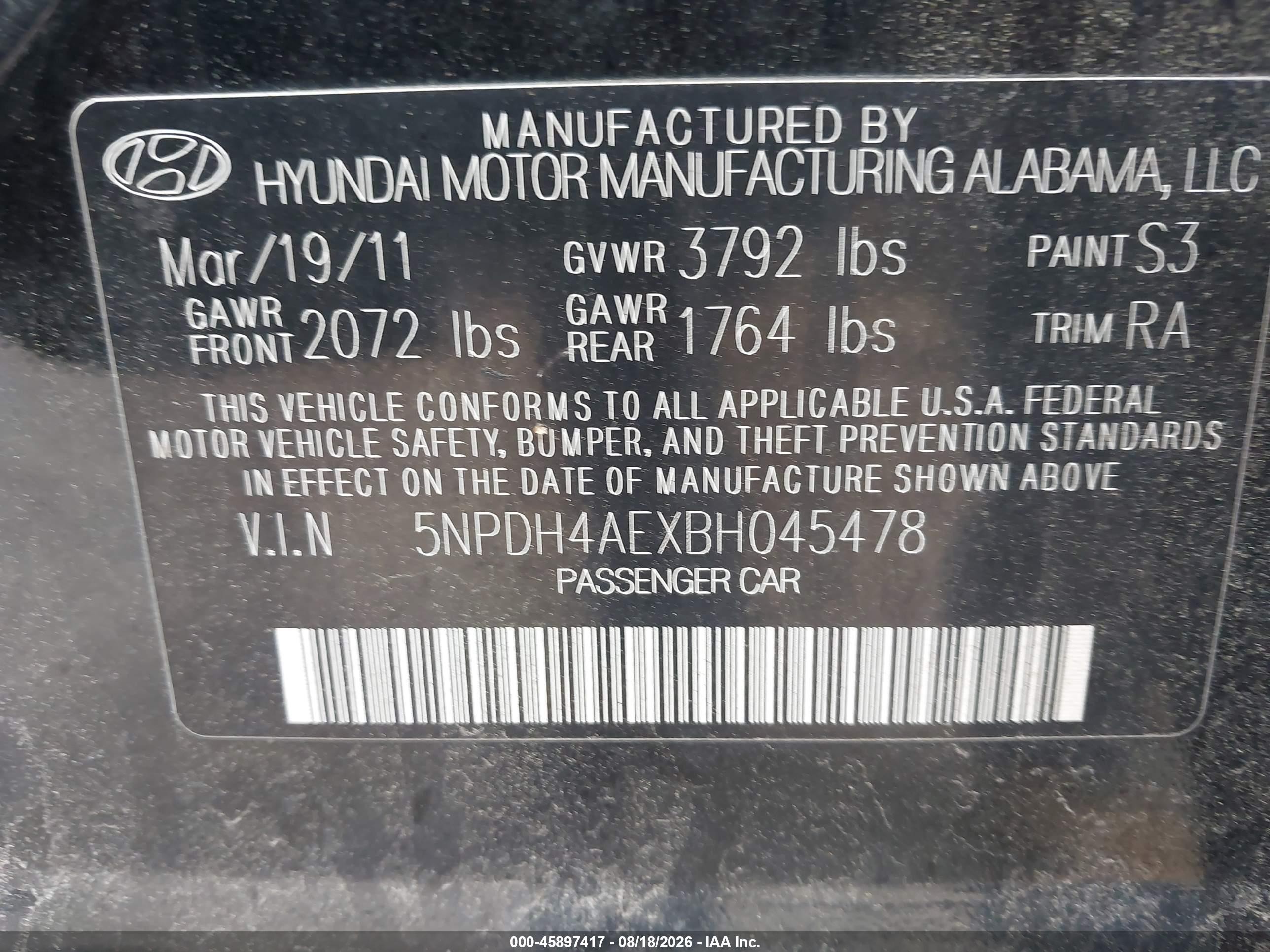 2011 Hyundai Elantra Gls Black vin: 5NPDH4AEXBH045478