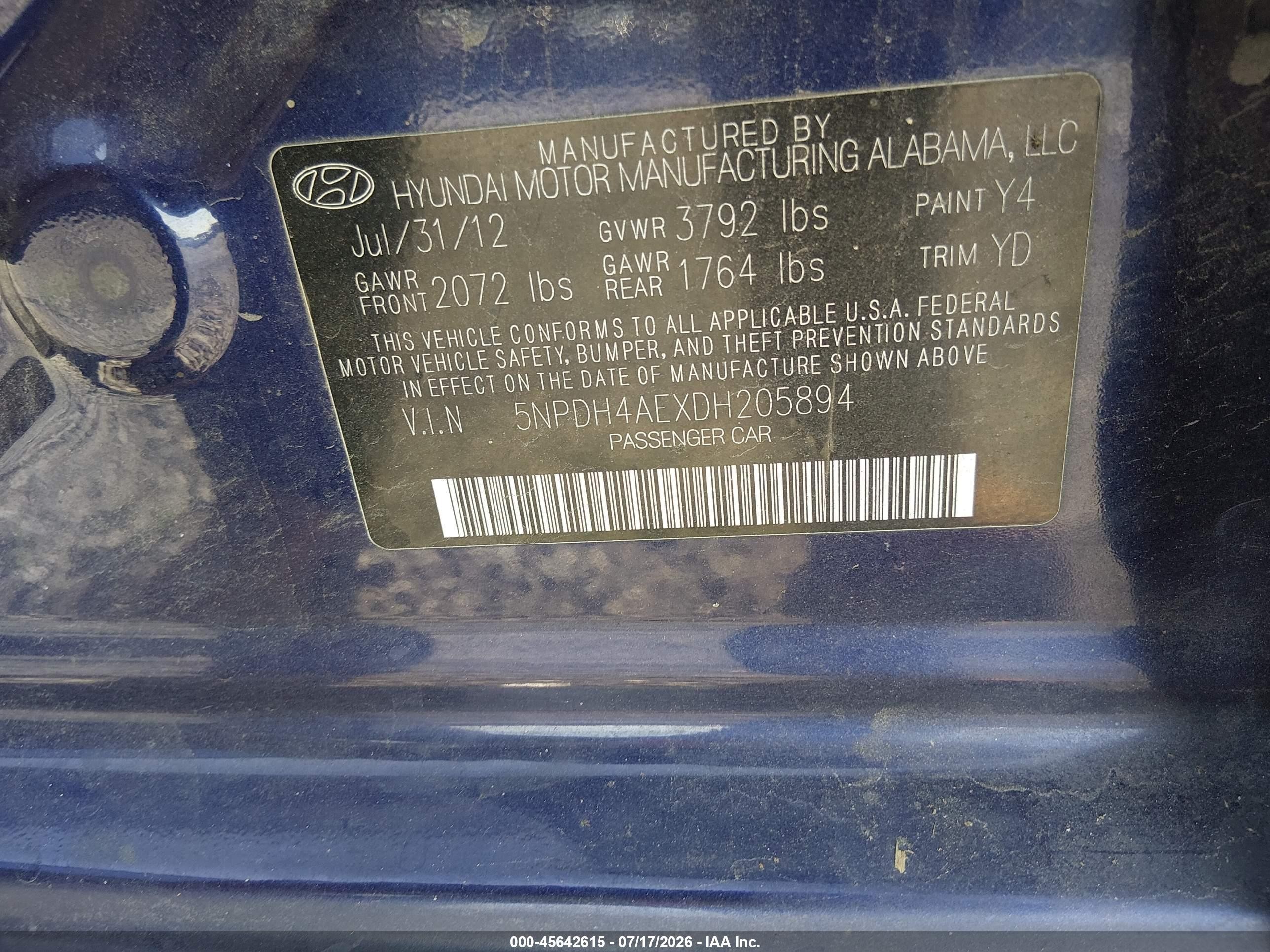 2013 Hyundai Elantra Gls Blue vin: 5NPDH4AEXDH205894