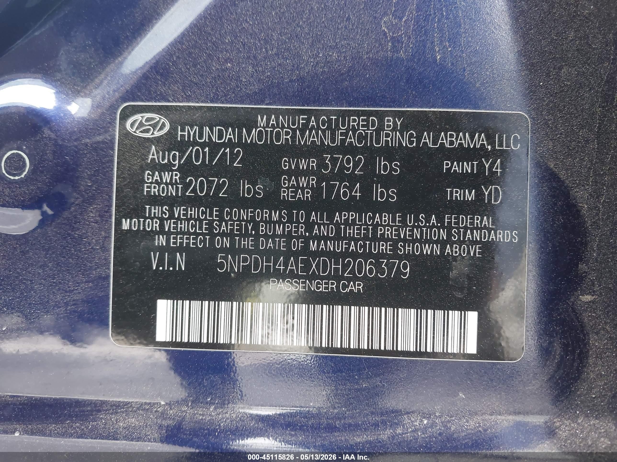 2013 Hyundai Elantra Gls/limited Blue vin: 5NPDH4AEXDH206379