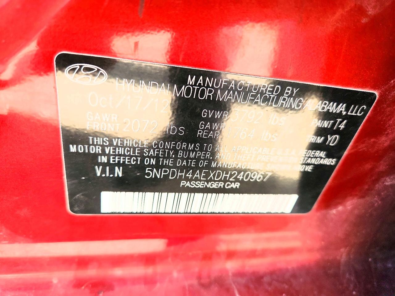2013 Hyundai Elantra Gls Red vin: 5NPDH4AEXDH240967