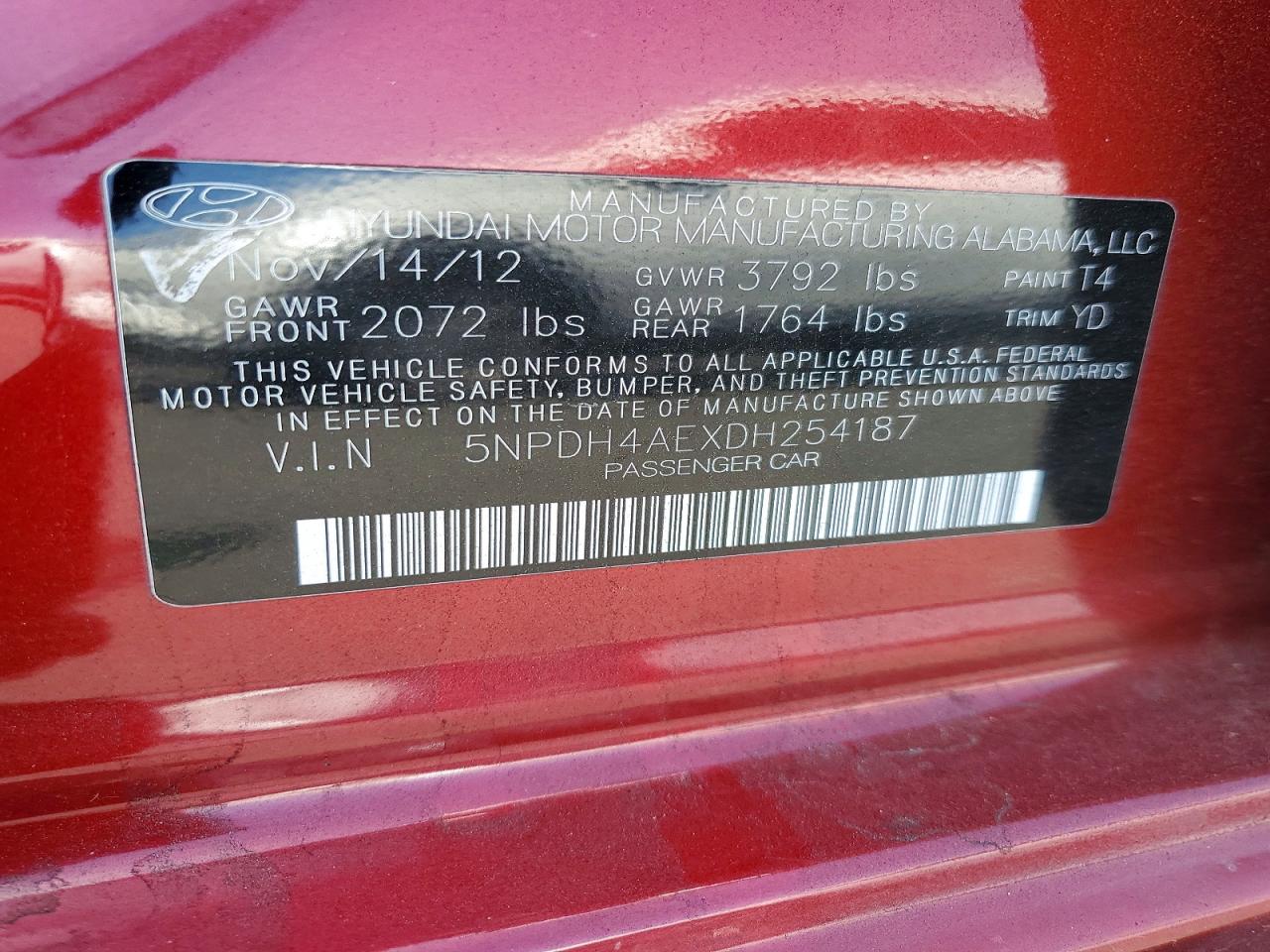 2013 Hyundai Elantra Gls Red vin: 5NPDH4AEXDH254187