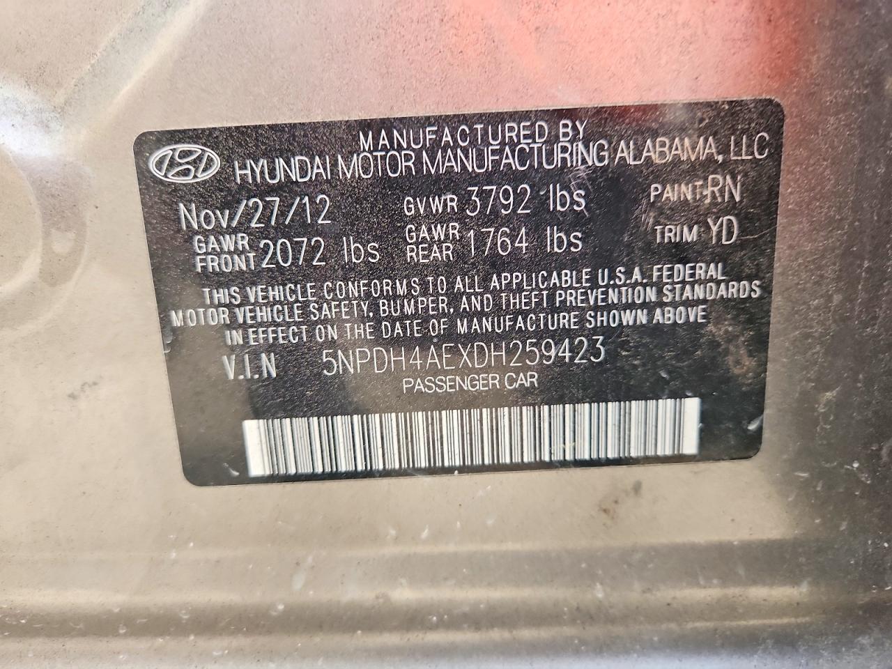 2013 Hyundai Elantra Gls Tan vin: 5NPDH4AEXDH259423
