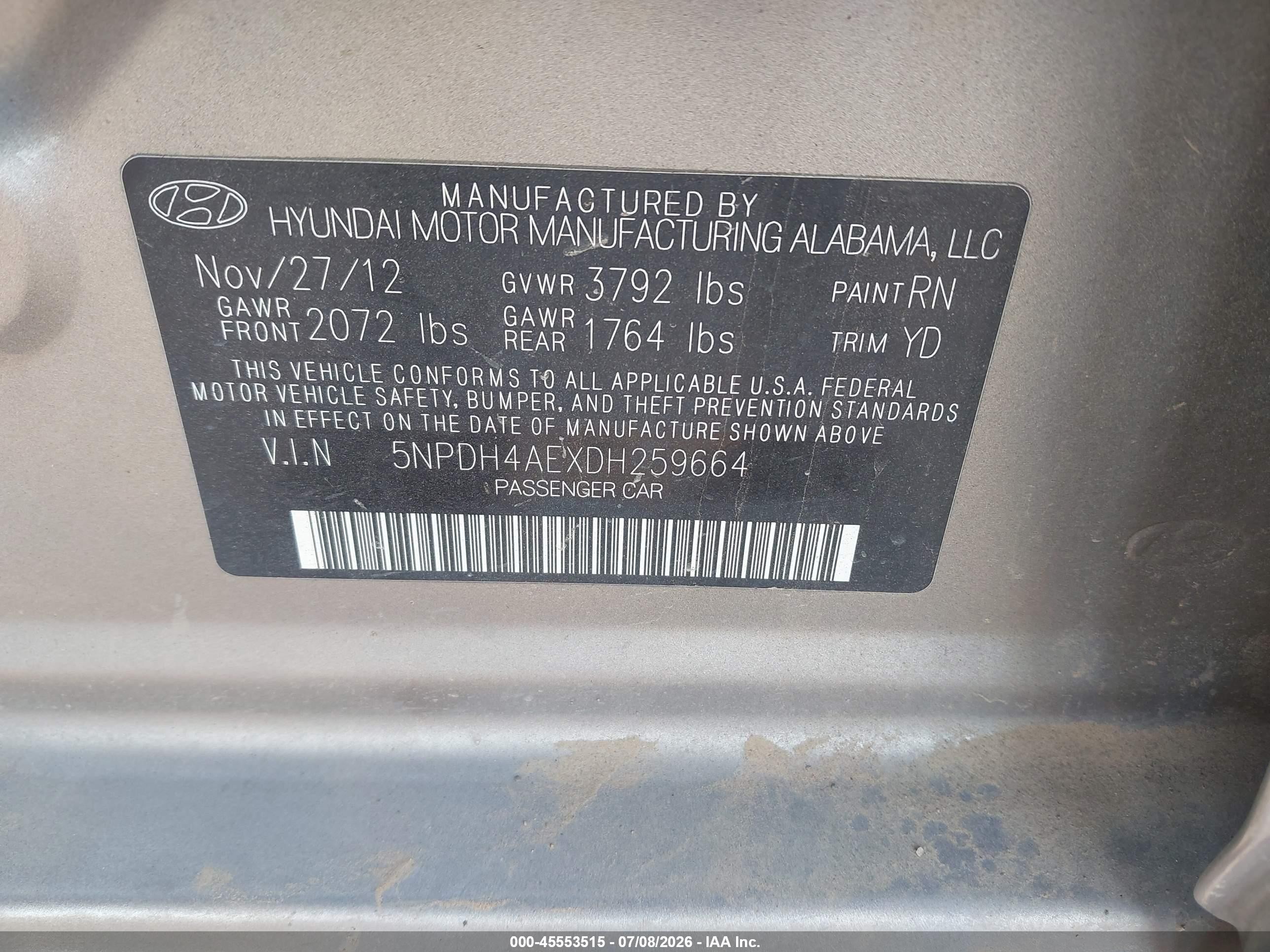 2013 Hyundai Elantra Limited Gray vin: 5NPDH4AEXDH259664