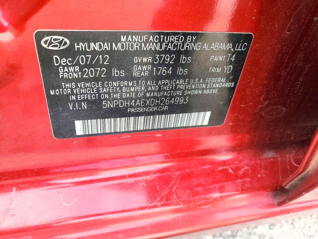 2013 Hyundai Elantra Gls Red vin: 5NPDH4AEXDH264993