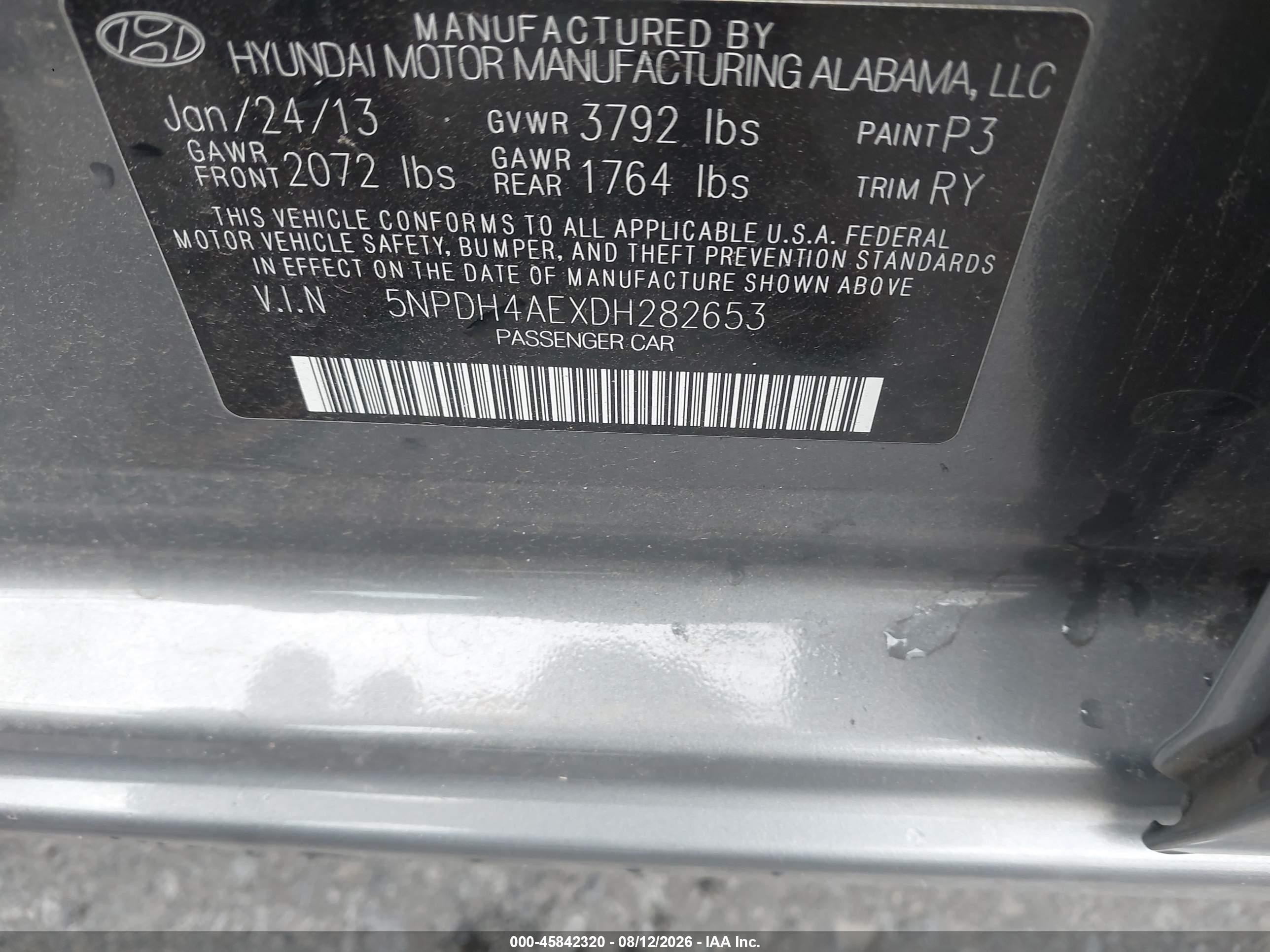 2013 Hyundai Elantra Limited Серый vin: 5NPDH4AEXDH282653