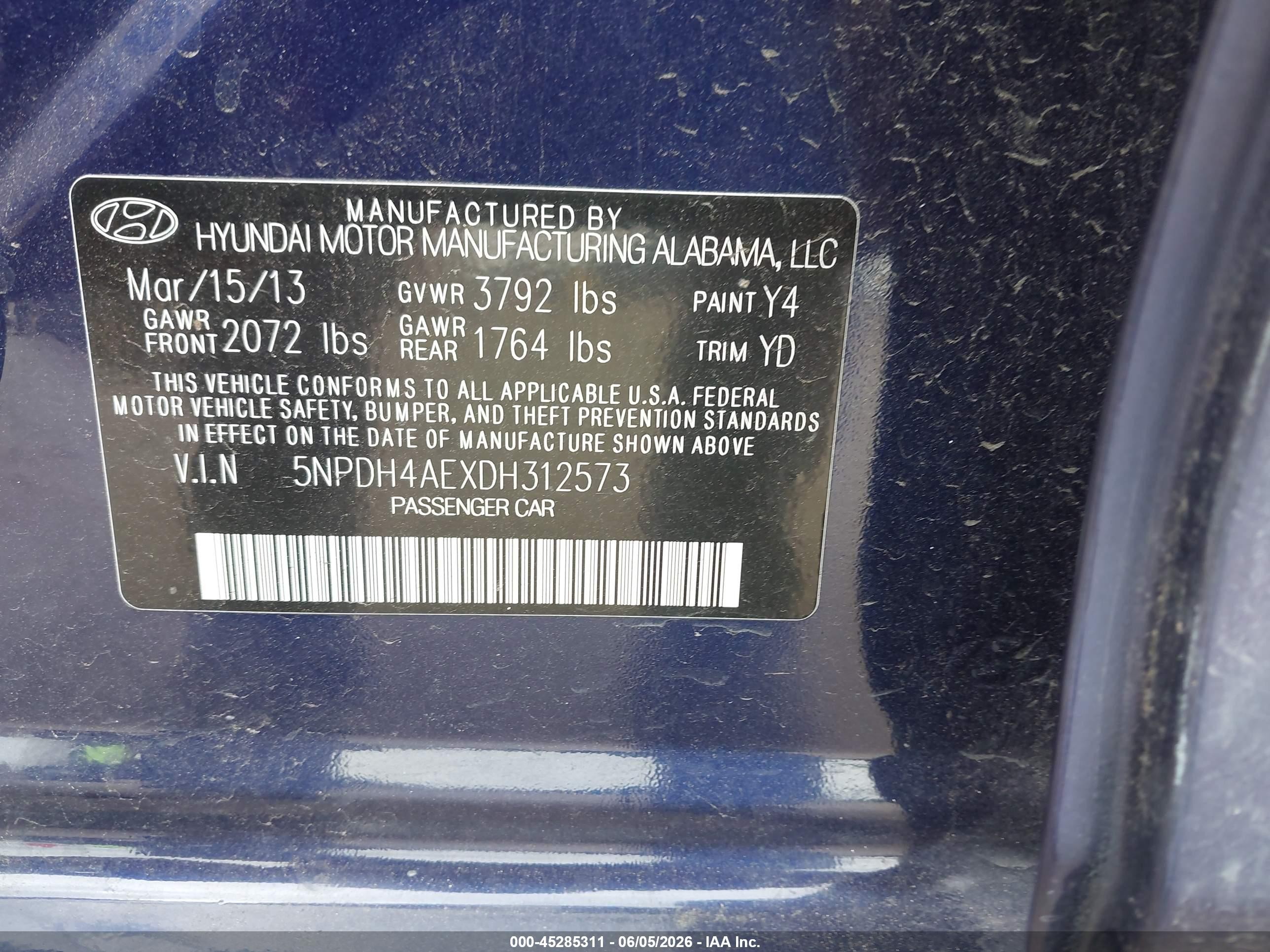 2013 Hyundai Elantra Gls Blue vin: 5NPDH4AEXDH312573