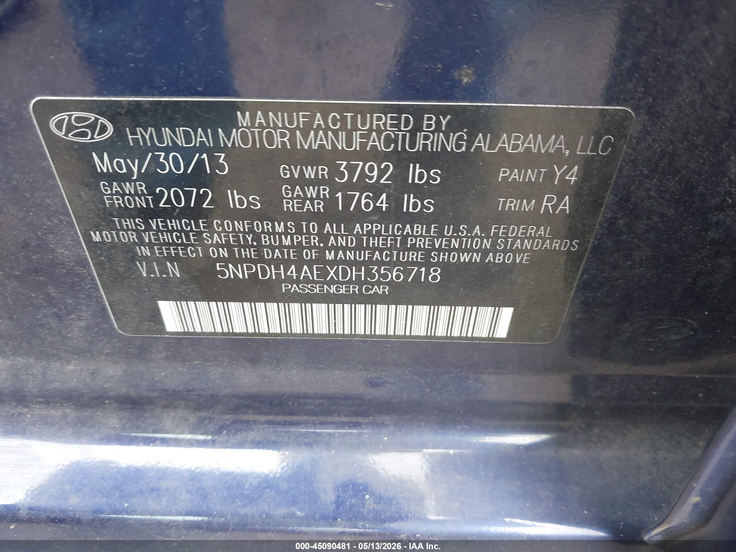 2013 Hyundai Elantra Gls Blue vin: 5NPDH4AEXDH356718