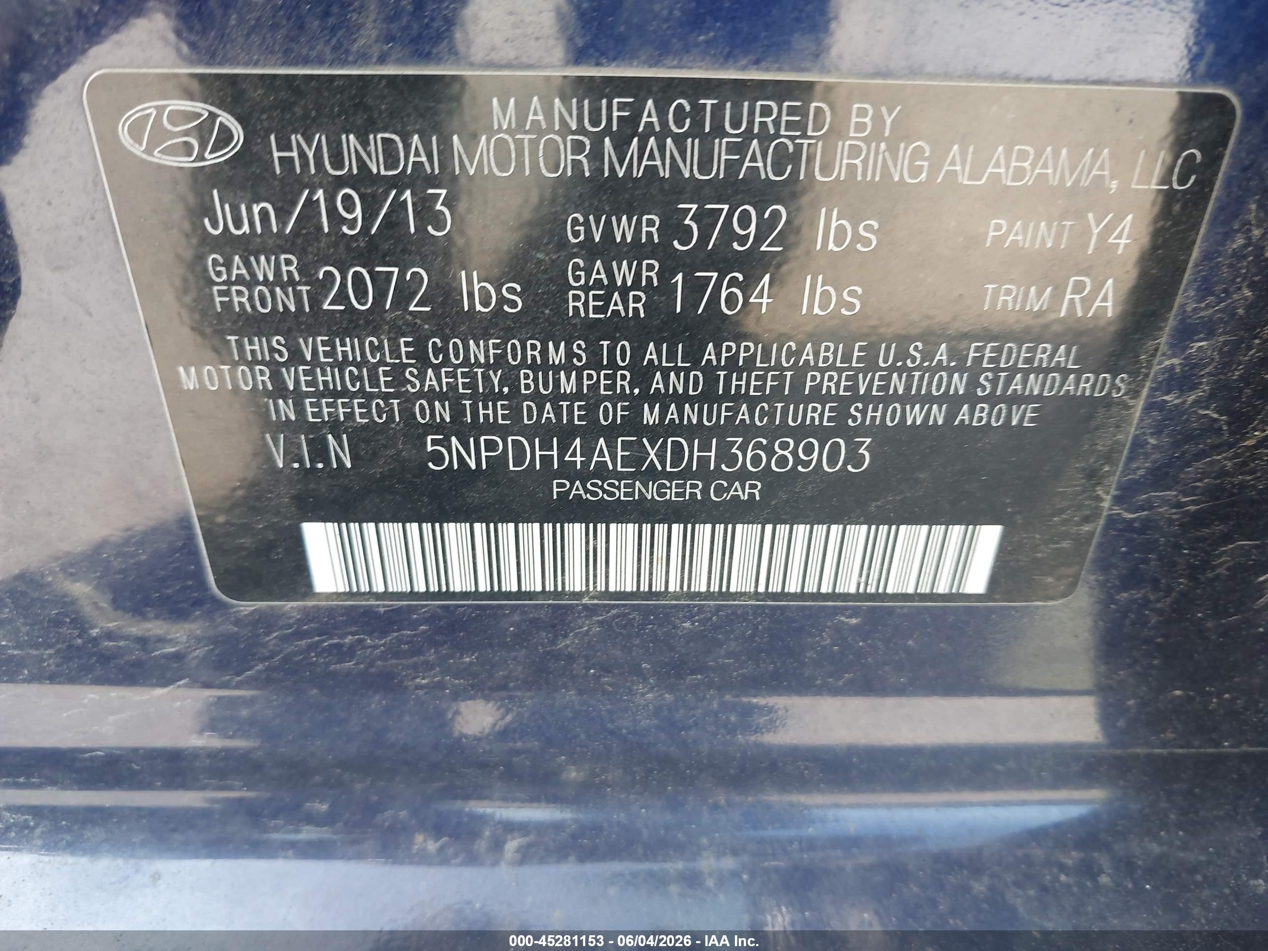 2013 Hyundai Elantra Gls Blue vin: 5NPDH4AEXDH368903