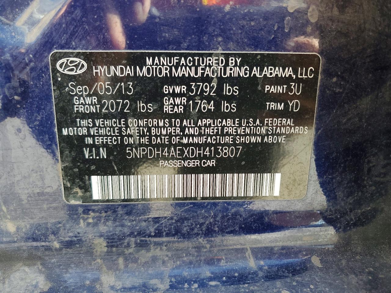 2013 Hyundai Elantra Gls Blue vin: 5NPDH4AEXDH413807