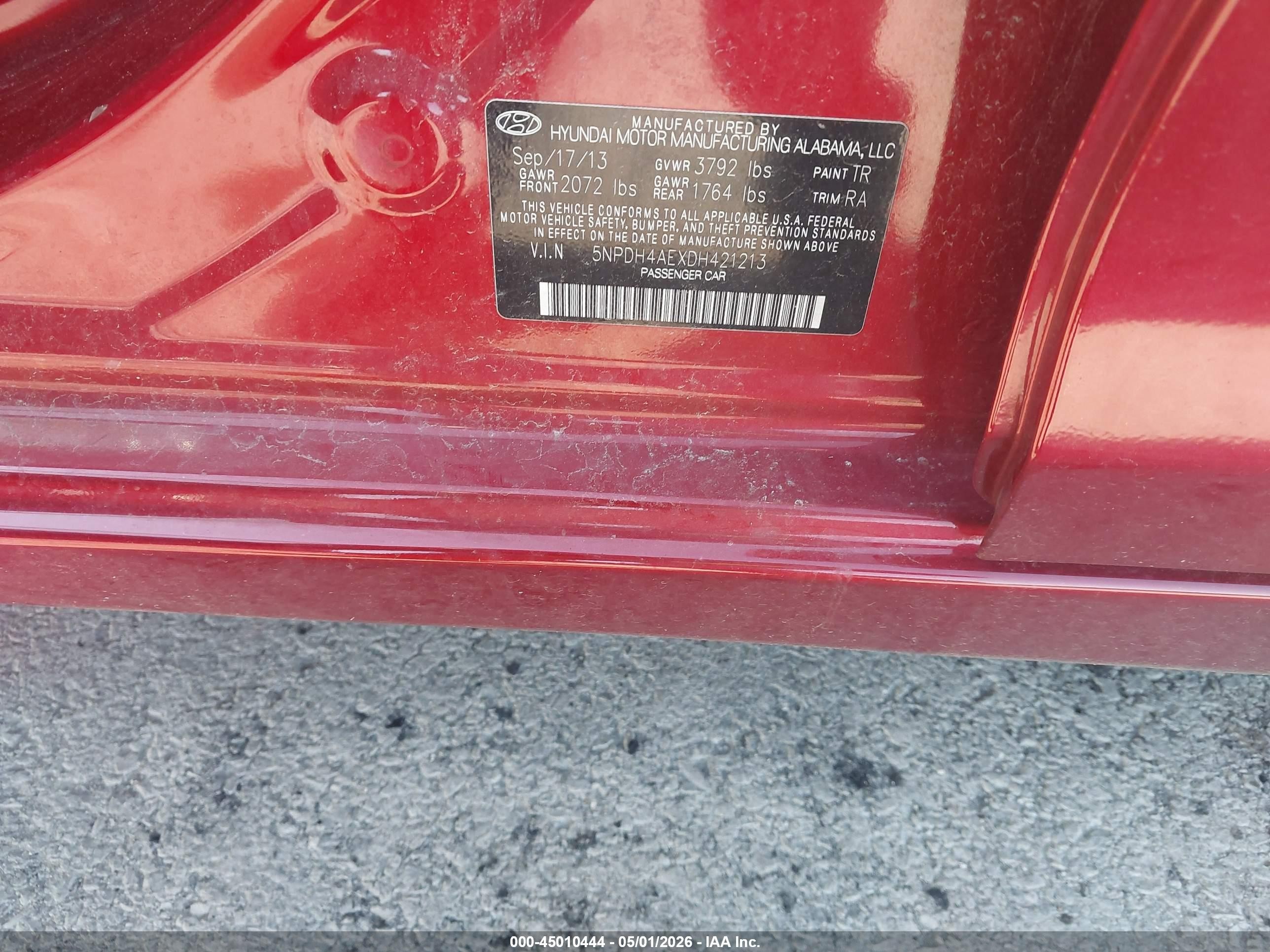 2013 Hyundai Elantra Gls Red vin: 5NPDH4AEXDH421213