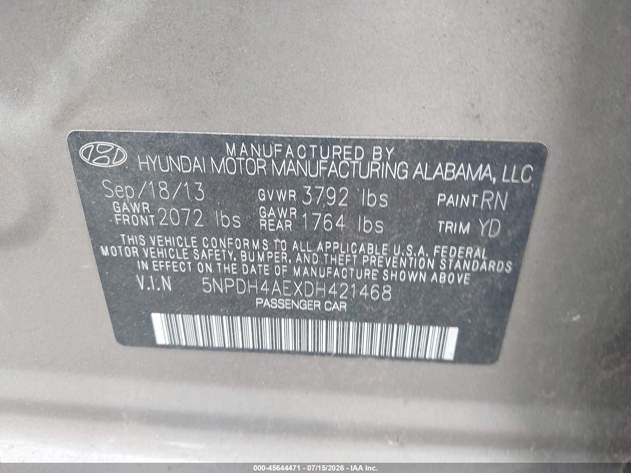 2013 Hyundai Elantra Gls Gold vin: 5NPDH4AEXDH421468