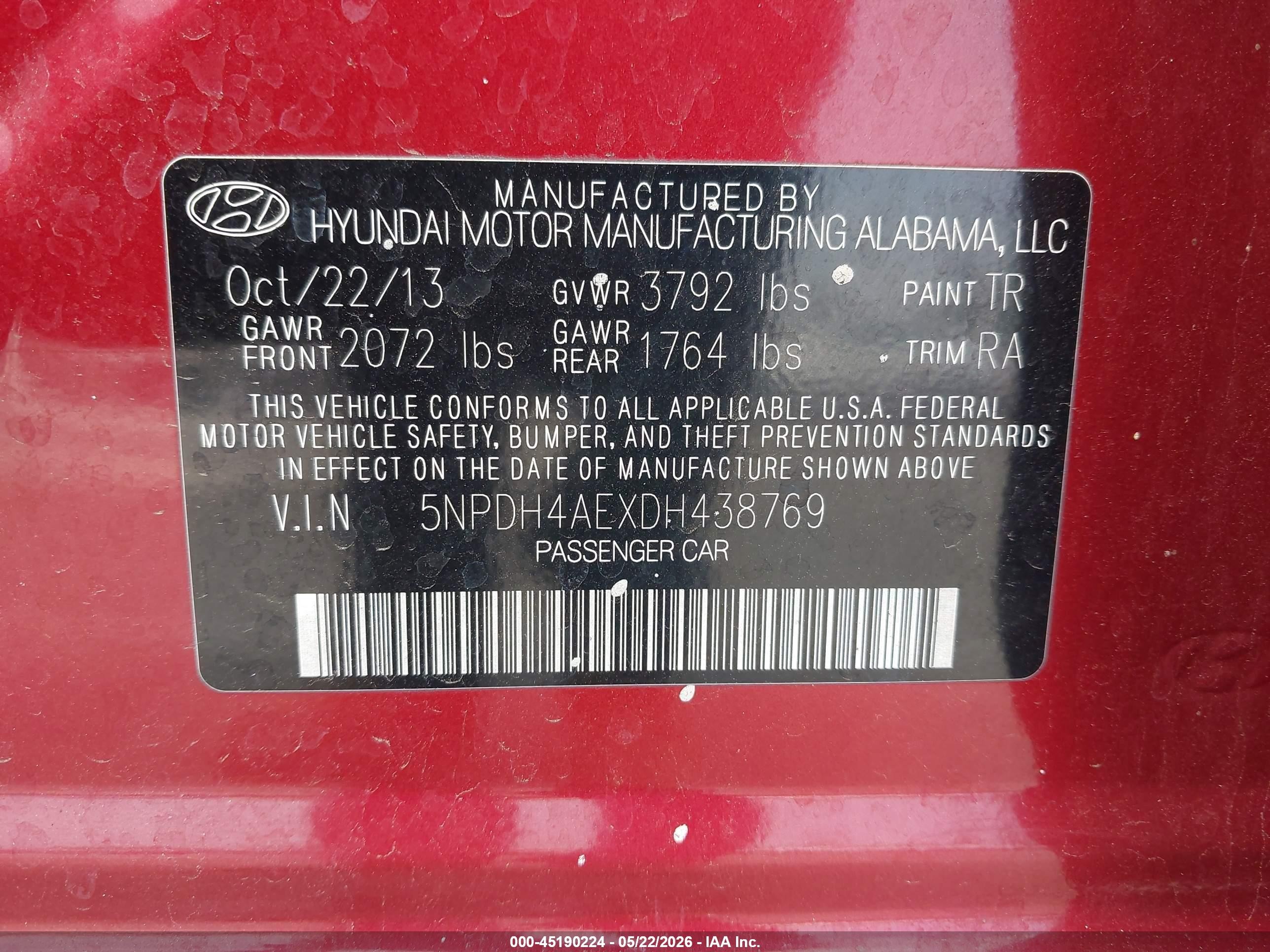 2013 Hyundai Elantra Gls Red vin: 5NPDH4AEXDH438769