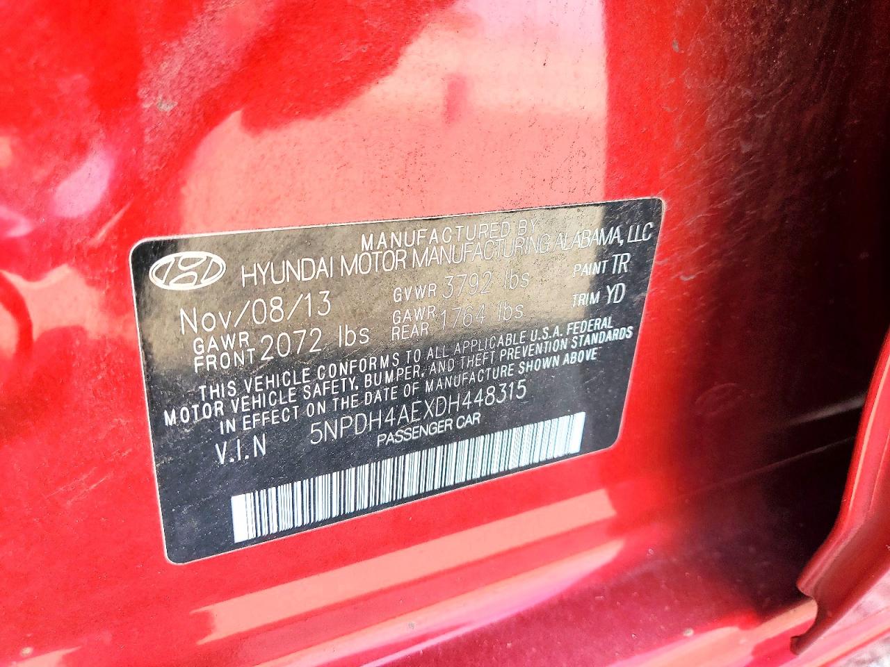 2013 Hyundai Elantra Gls Red vin: 5NPDH4AEXDH448315