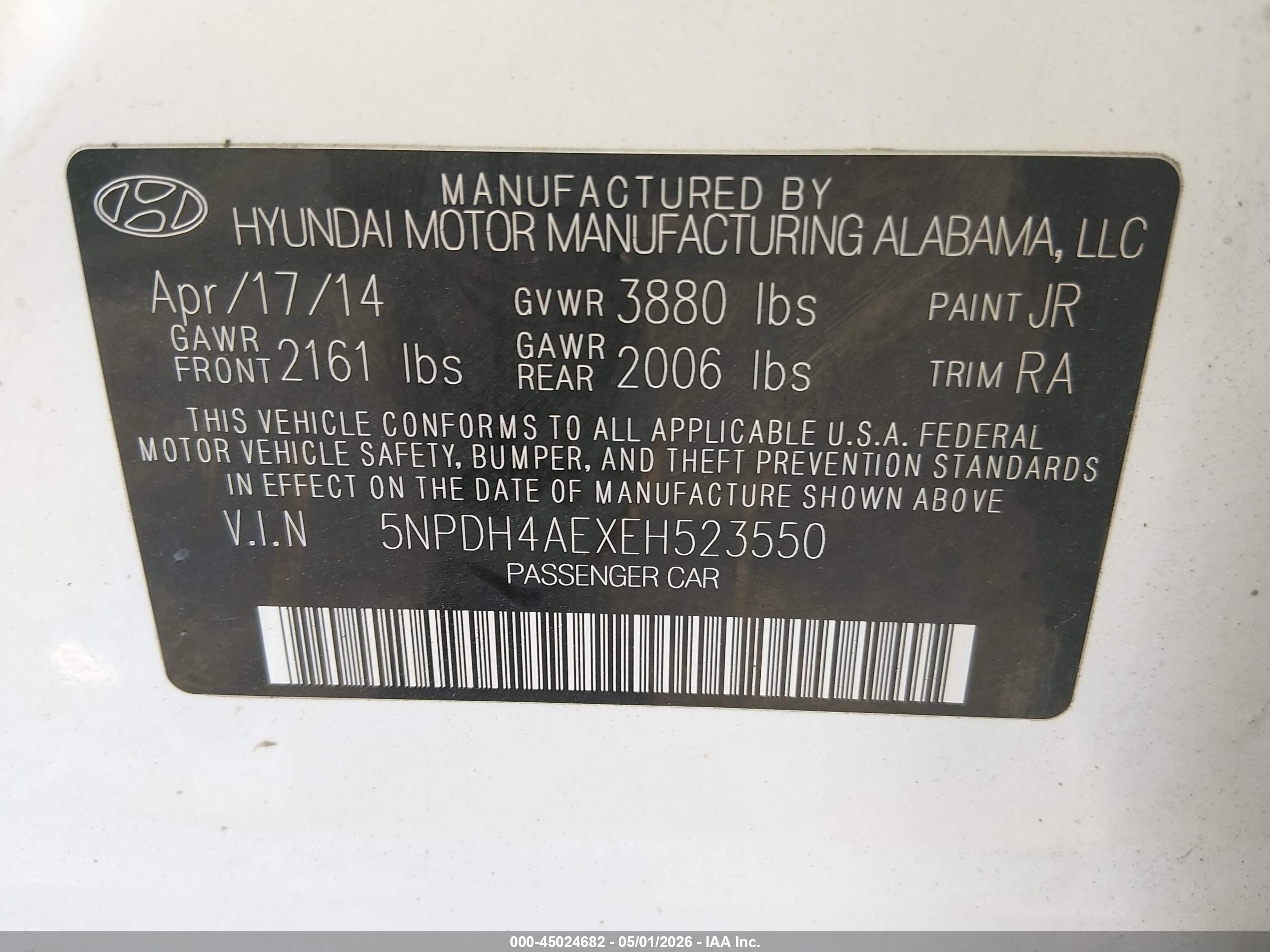 2014 Hyundai Elantra Se White vin: 5NPDH4AEXEH523550