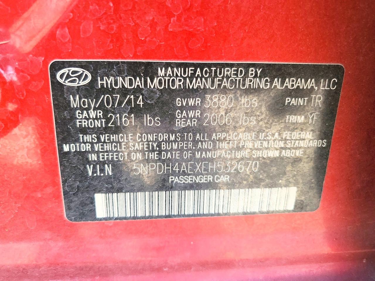 2014 Hyundai Elantra Se Red vin: 5NPDH4AEXEH532670