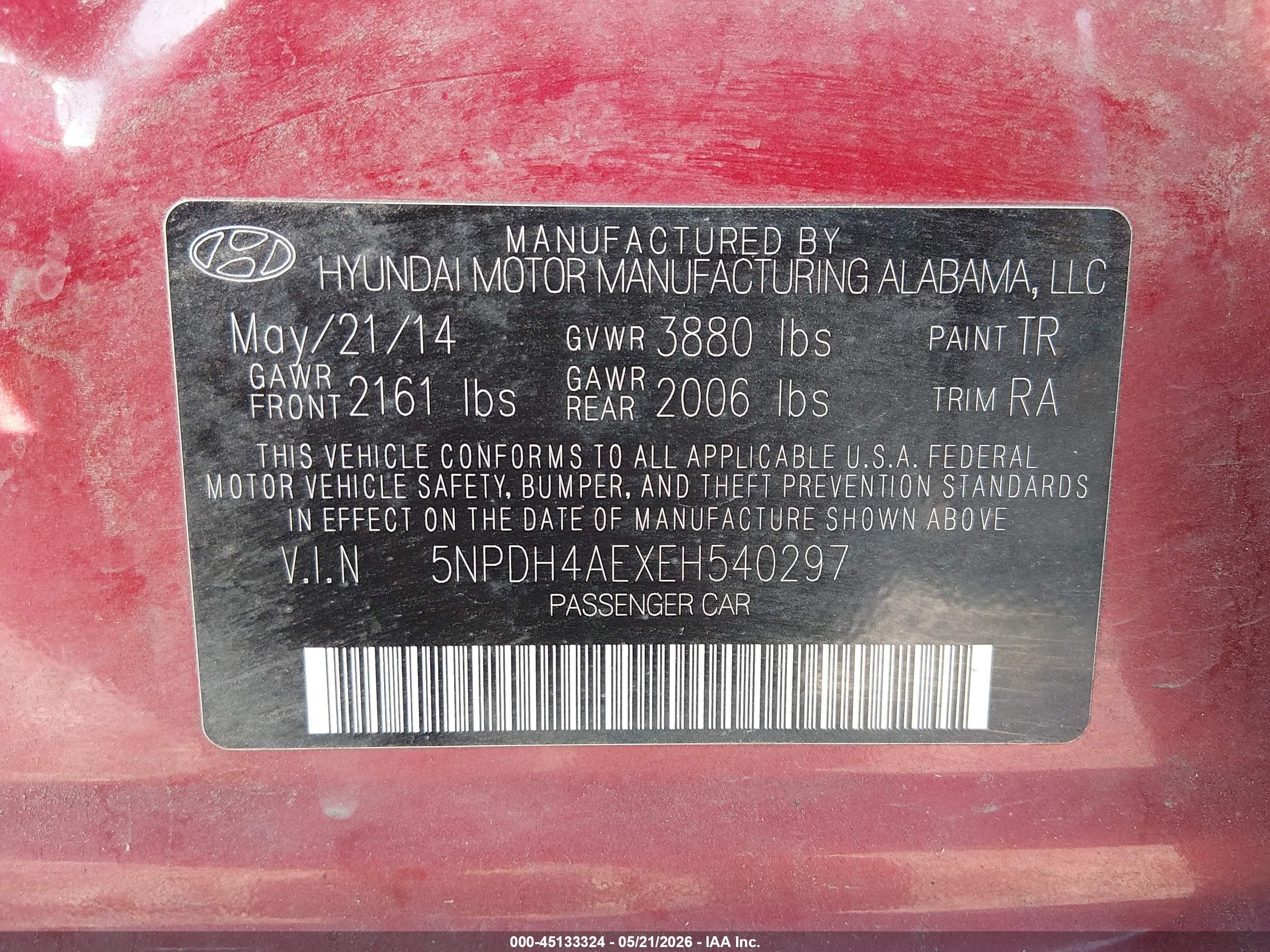 2014 Hyundai Elantra Se Red vin: 5NPDH4AEXEH540297
