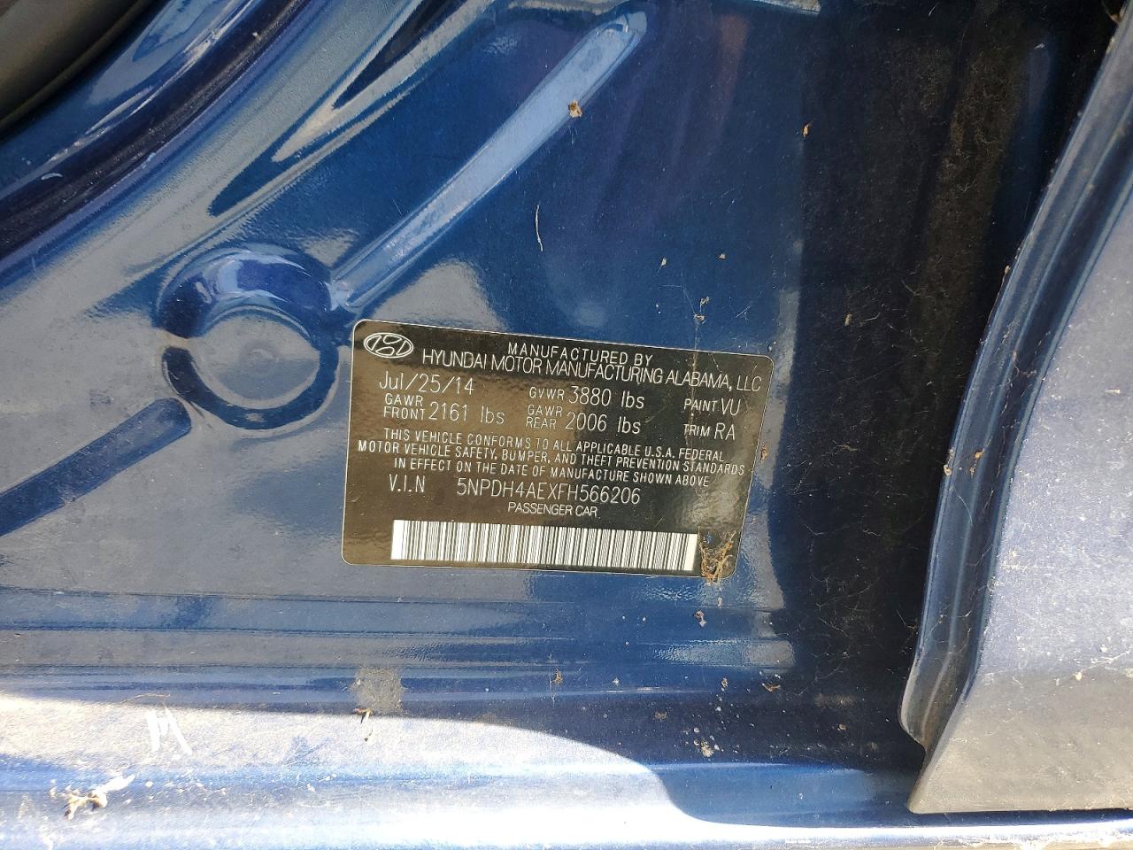 2015 Hyundai Elantra Se Blue vin: 5NPDH4AEXFH566206