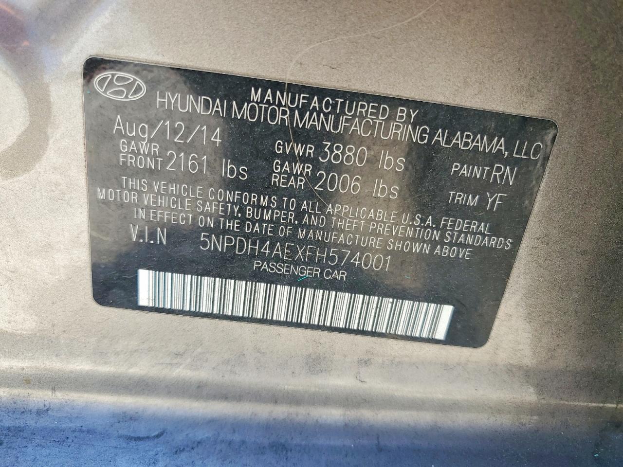 2015 Hyundai Elantra Se Tan vin: 5NPDH4AEXFH574001