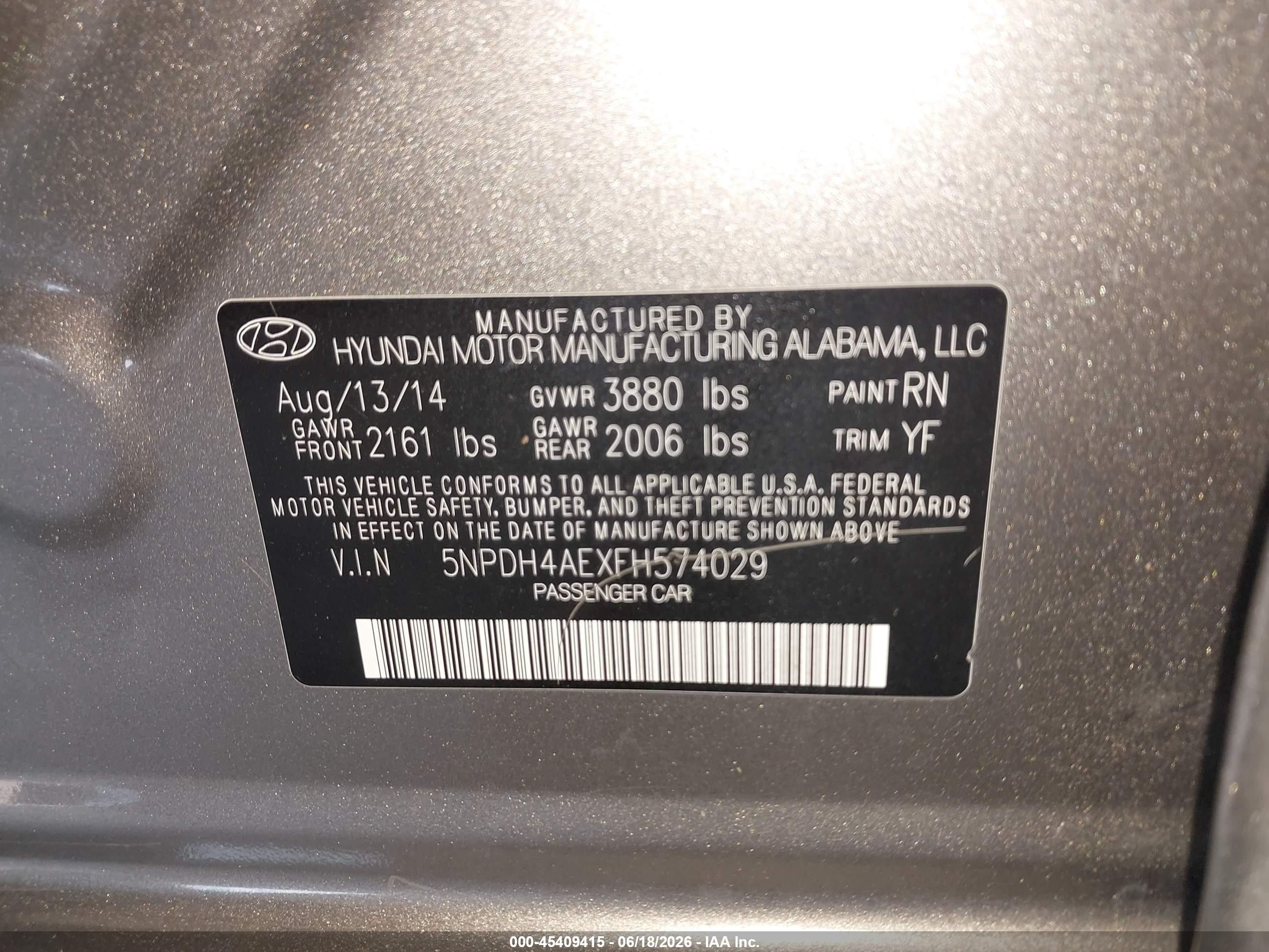 2015 Hyundai Elantra Se Gray vin: 5NPDH4AEXFH574029