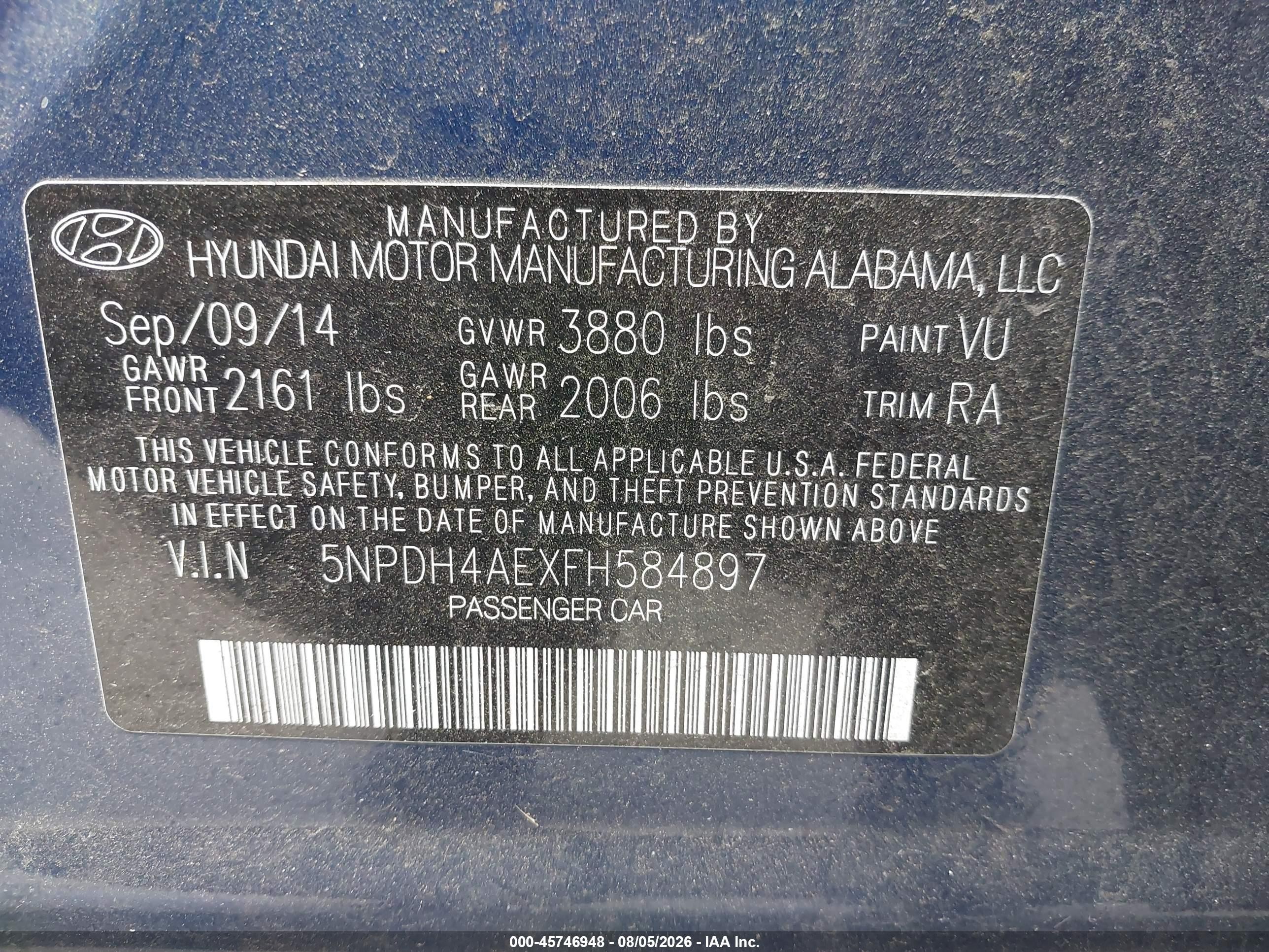 2015 Hyundai Elantra Se Blue vin: 5NPDH4AEXFH584897