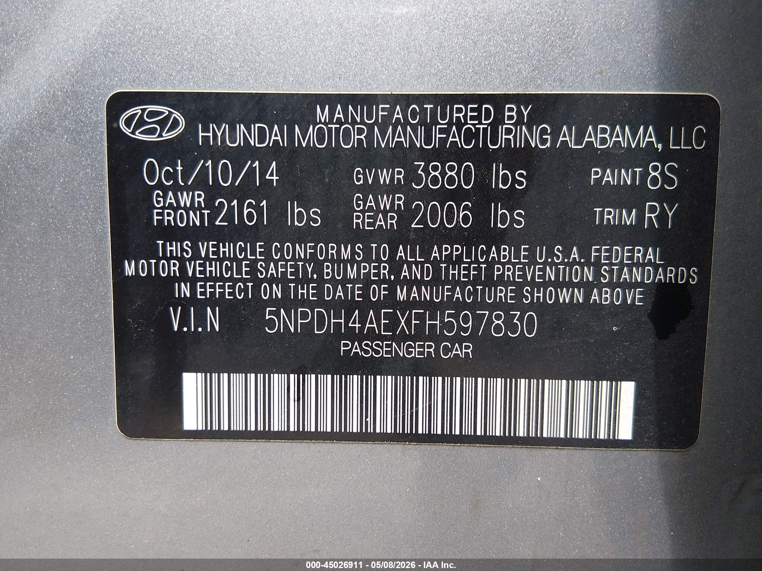 2015 Hyundai Elantra Se Gray vin: 5NPDH4AEXFH597830
